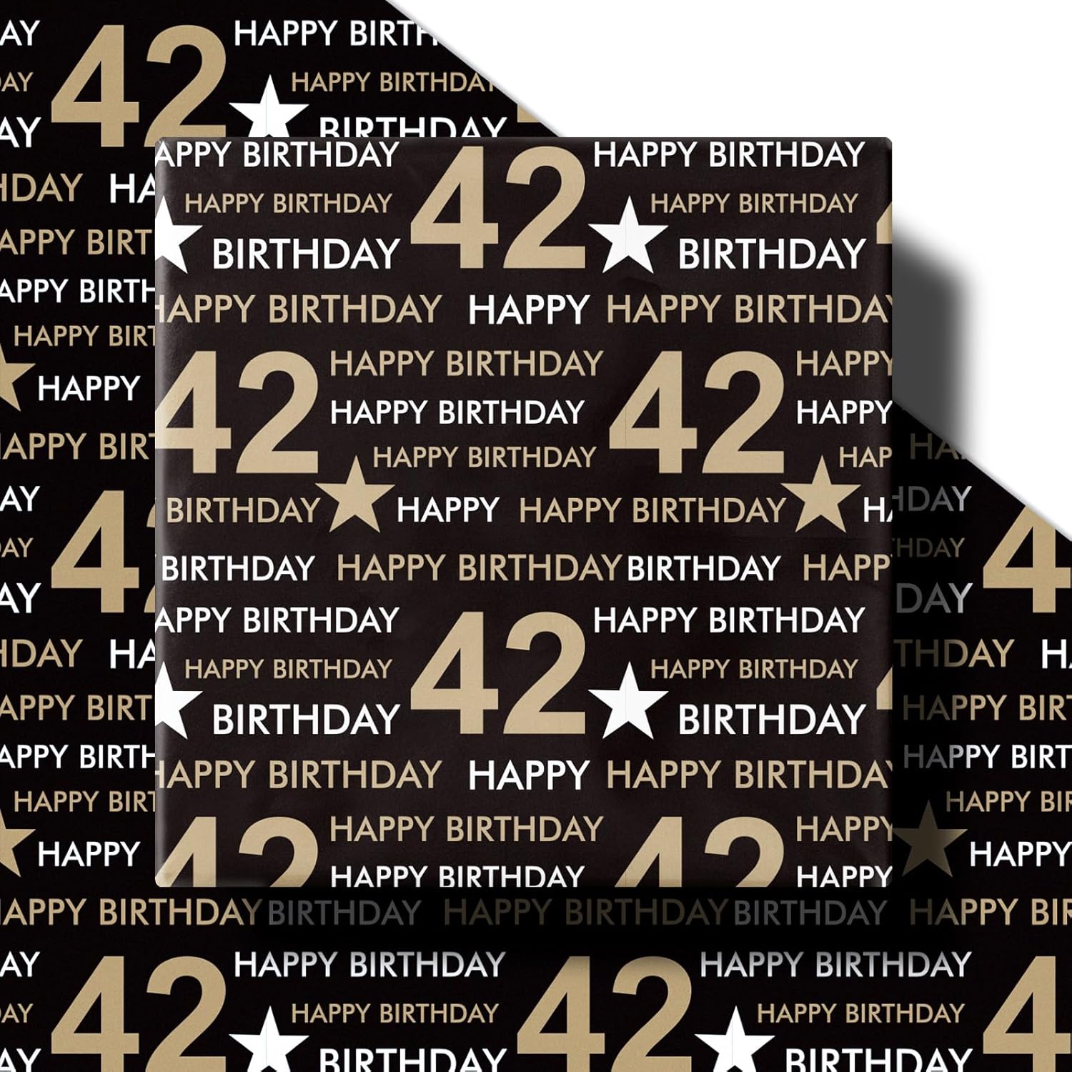 42Nd Birthday Wrapping Paper Roll, Min Roll, Black Gold Design With Stars And Happy Birthday Gift Wrap Paper For Age 42 Men, Women, 42Nd Birthday Party Celebrations, 17 Inches X 16.4 Feet