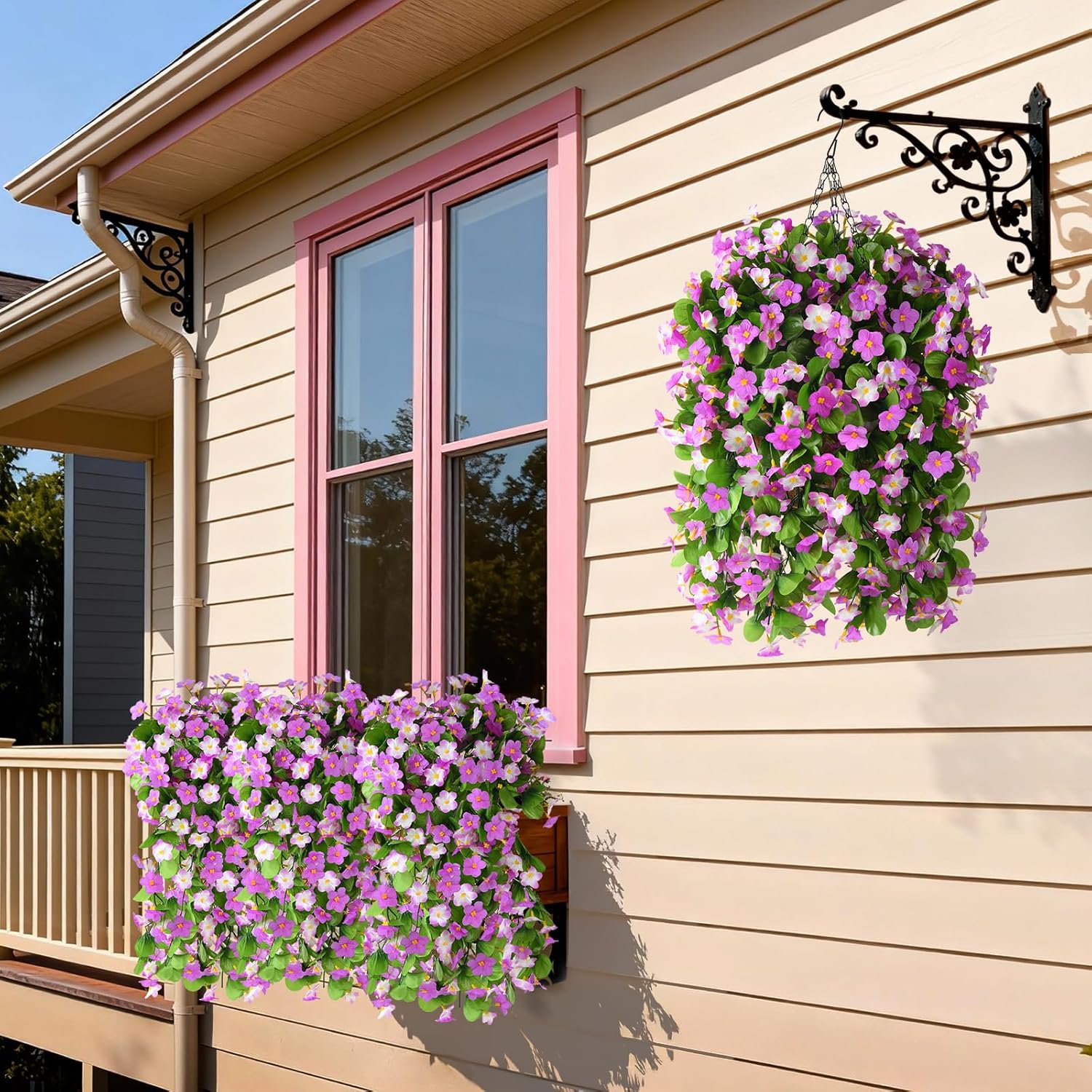 2 Pack Artificial Hanging Flowers, Fake Flowers Hanging Plant Violet Flower, Artificial Faux Silk Spring Flower For Wall Front Door Yard Garden Wedding Outdoor Decoration(Purple)