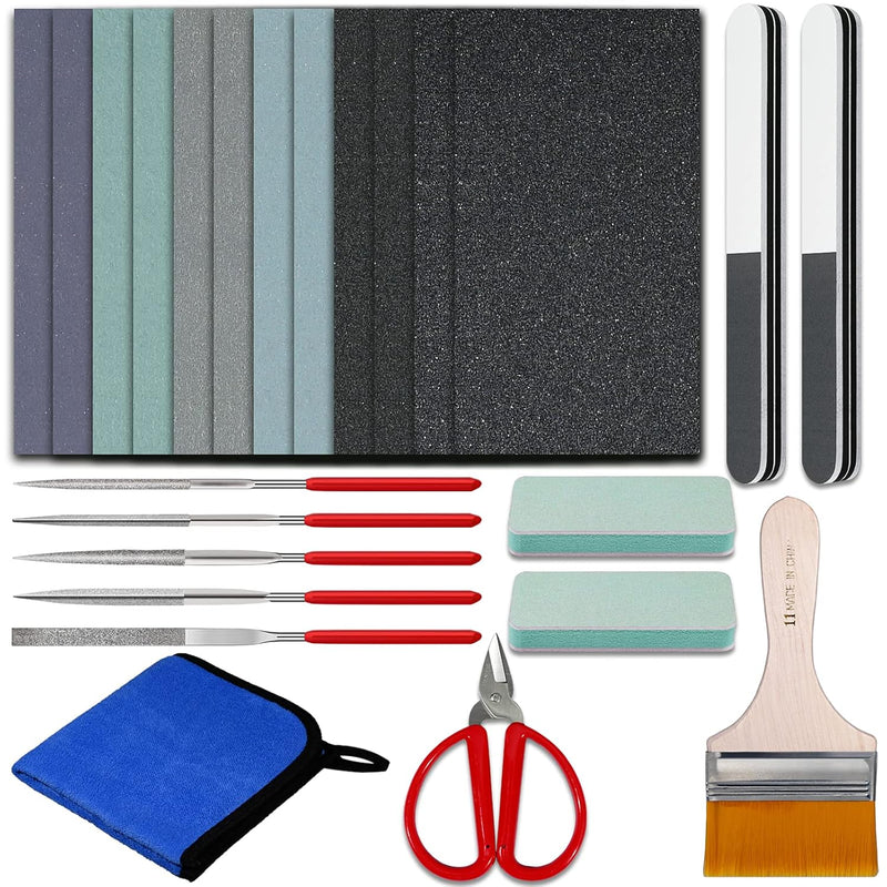 Resin Polishing Kit - 24 Pcs Resin Supplies Casting Tools Set With Sandpaper, Resin File Kit, Polishing Strips Blocks, Scissors, Wooden Brush, Cloth For Epoxy Resin, Jewelry Making Supplies