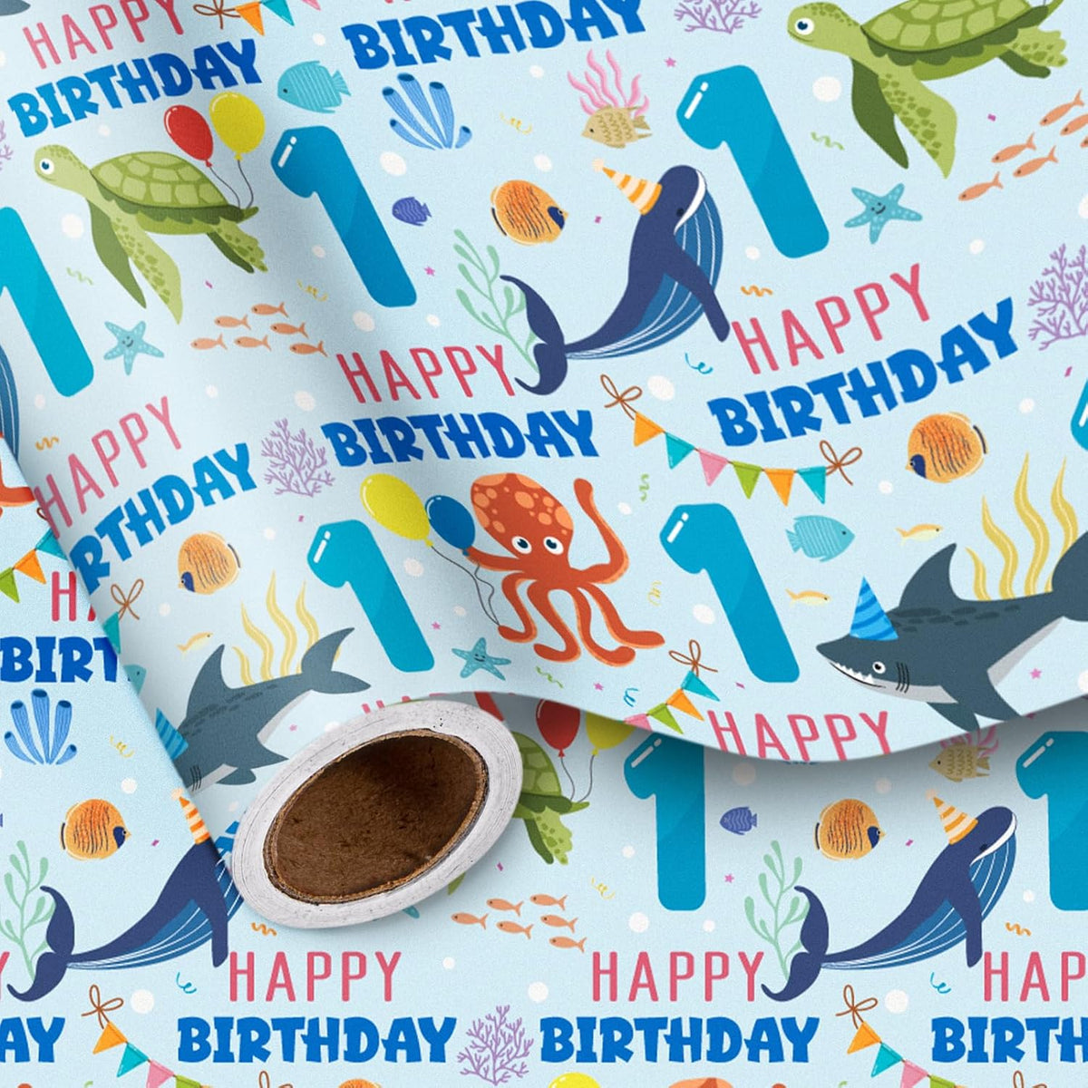 1St Birthday Wrapping Paper Roll For Baby Boys, Sea Animals Age1 Ocean Shark Turtle Seaweed Design Gift Wrap For Toddlers, First Birthday Party, Mini Roll 17 In X 16.4 Feet