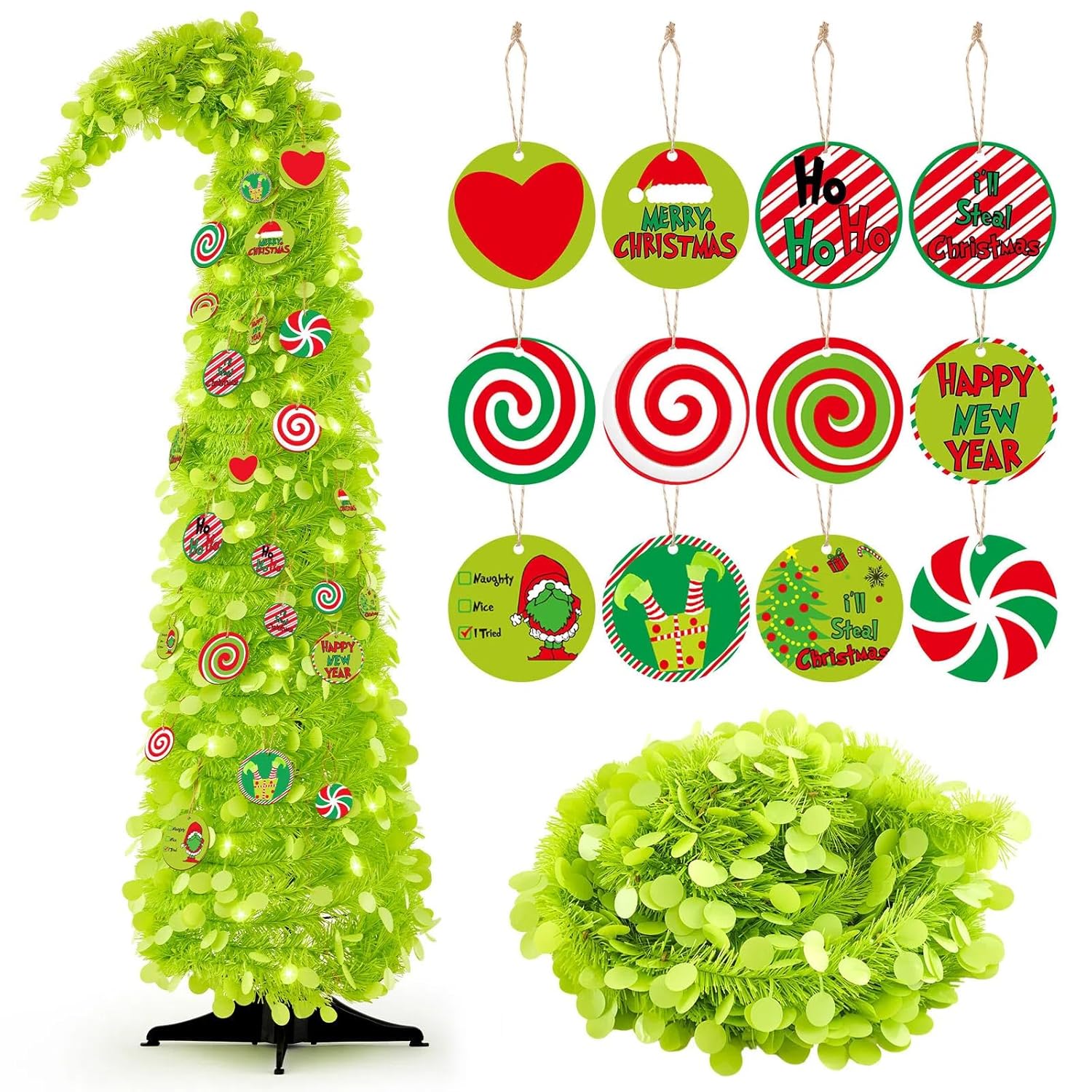 Whimsical Christmas Tree 5Ft Bendable Pop Up Collapsible 1 Minute Christmas Tree With 36 Wooden Ornaments For Indoor Outdoor Home Office Holiday Xmas Party Decor Supply