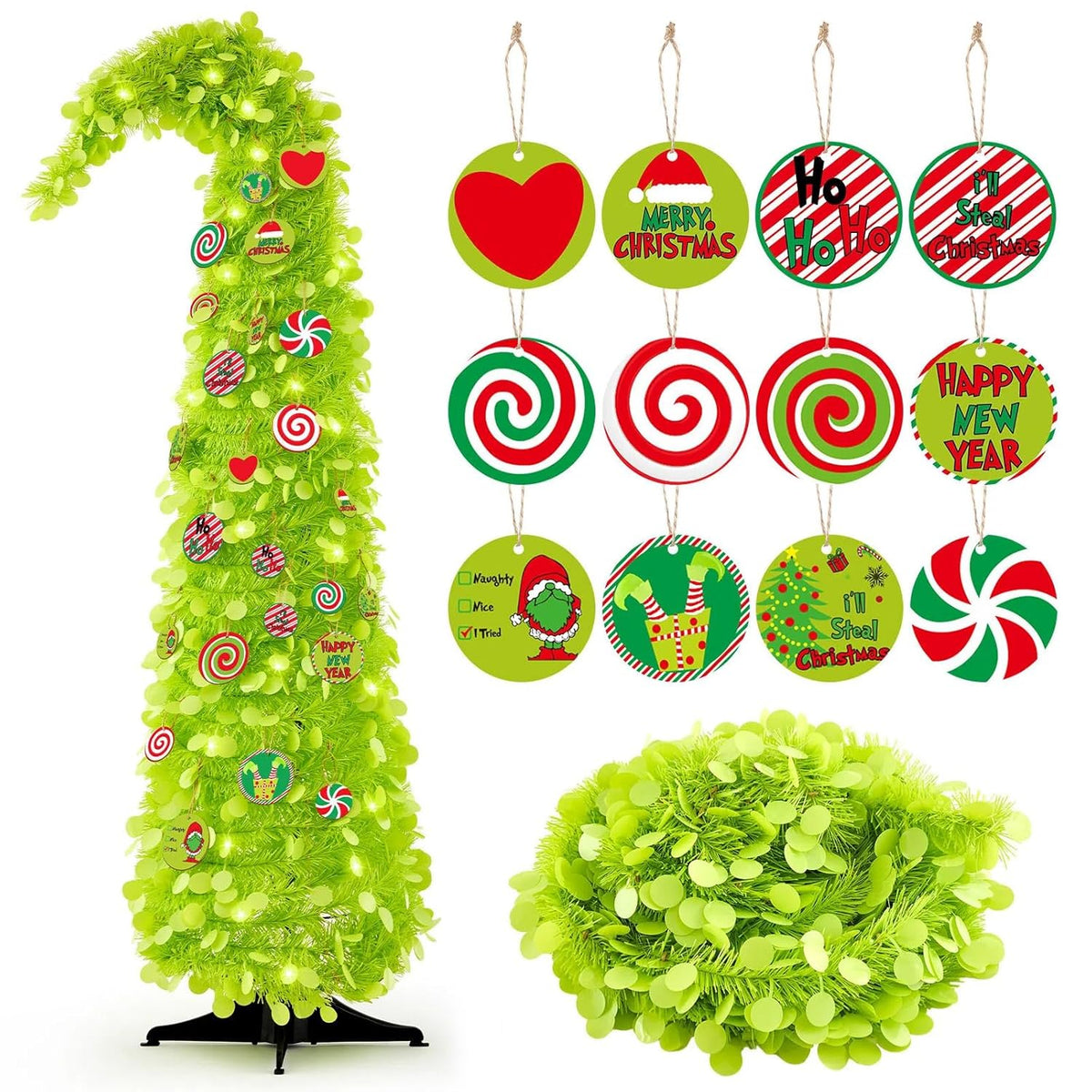 Whimsical Christmas Tree 5Ft Bendable Pop Up Collapsible 1 Minute Christmas Tree With 36 Wooden Ornaments For Indoor Outdoor Home Office Holiday Xmas Party Decor Supply