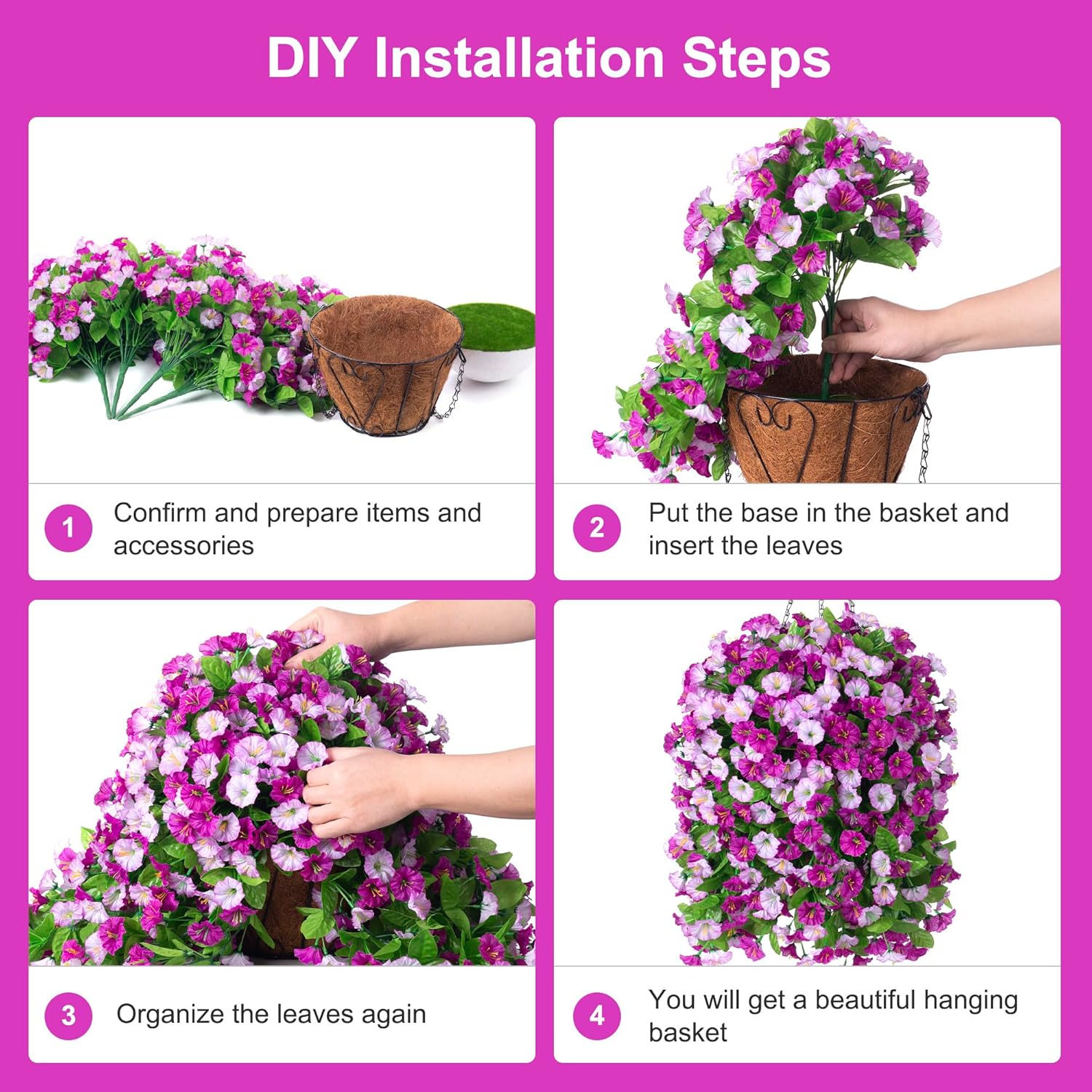 Artificial Flowers With Hanging Basket, Outdoor Faux Plants Silk Morning Glory Vines, Fake Green Arrangement For Garden Patio Spring Summer Decor(Darkorchid)