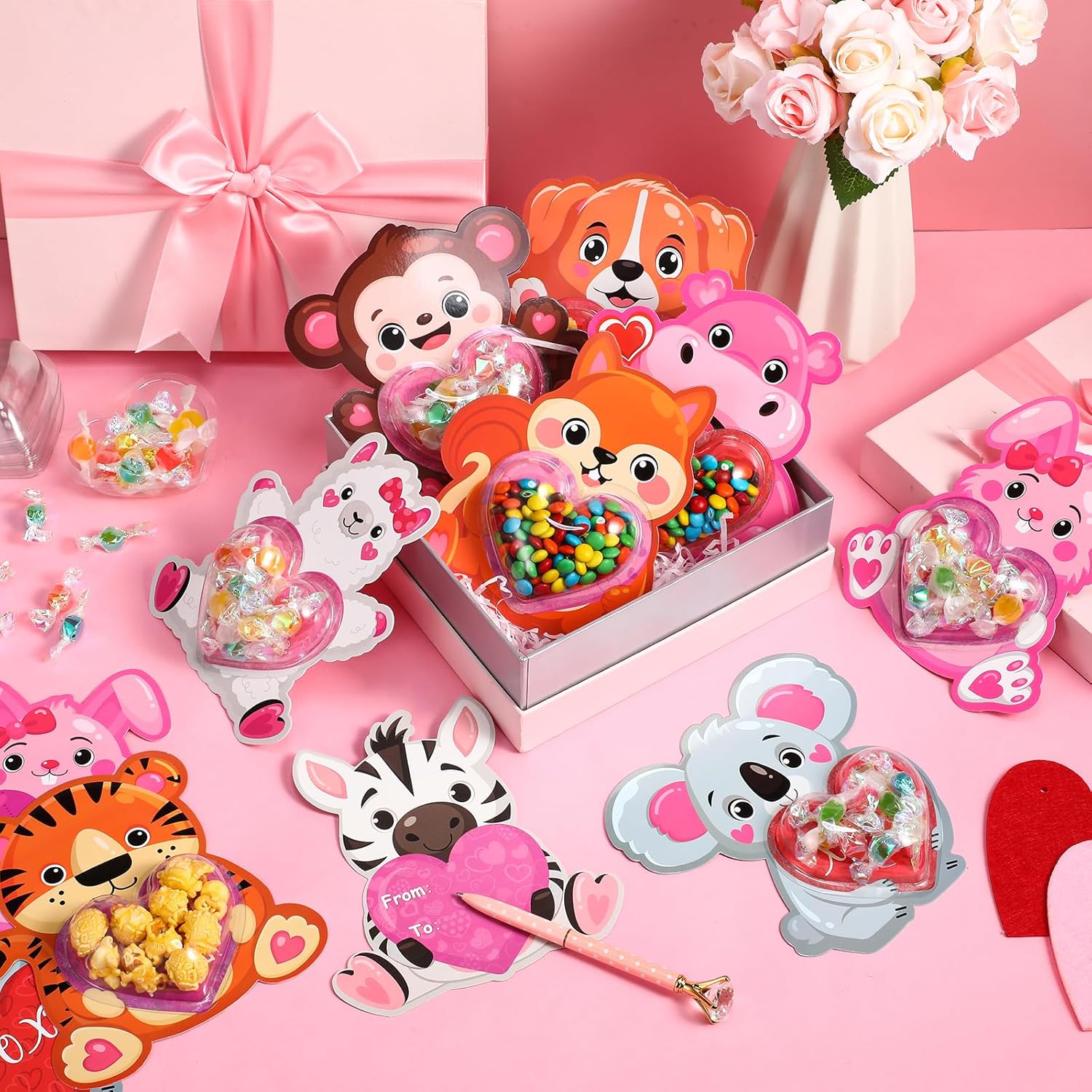 36 Pack Valentine Candy Cards With Plastic Domes Valentines Animals Greeting Cards Diy Craft Treat Holder For Sweet Day Classroom Gifts Exchange Party Favors