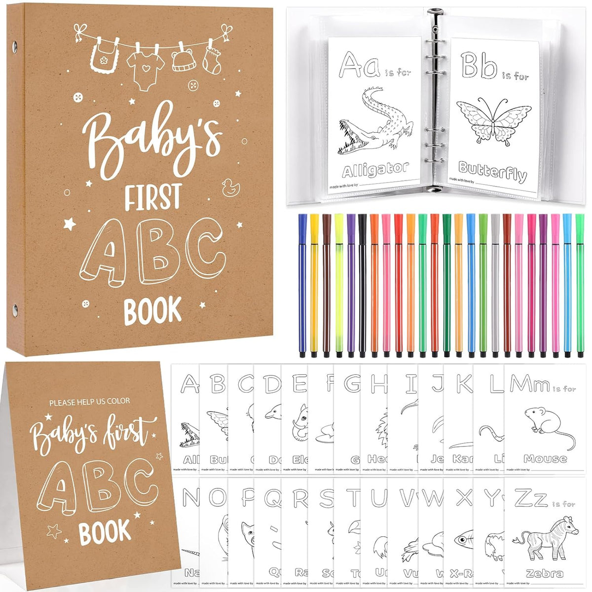 Baby Shower Games Baby'S First Abc Coloring Book 26 Curious Activity Cards Animal Alphabet A To Z Coloring Card With 24 Watercolor Pen For Baby Shower Activities (Kraft Paper)