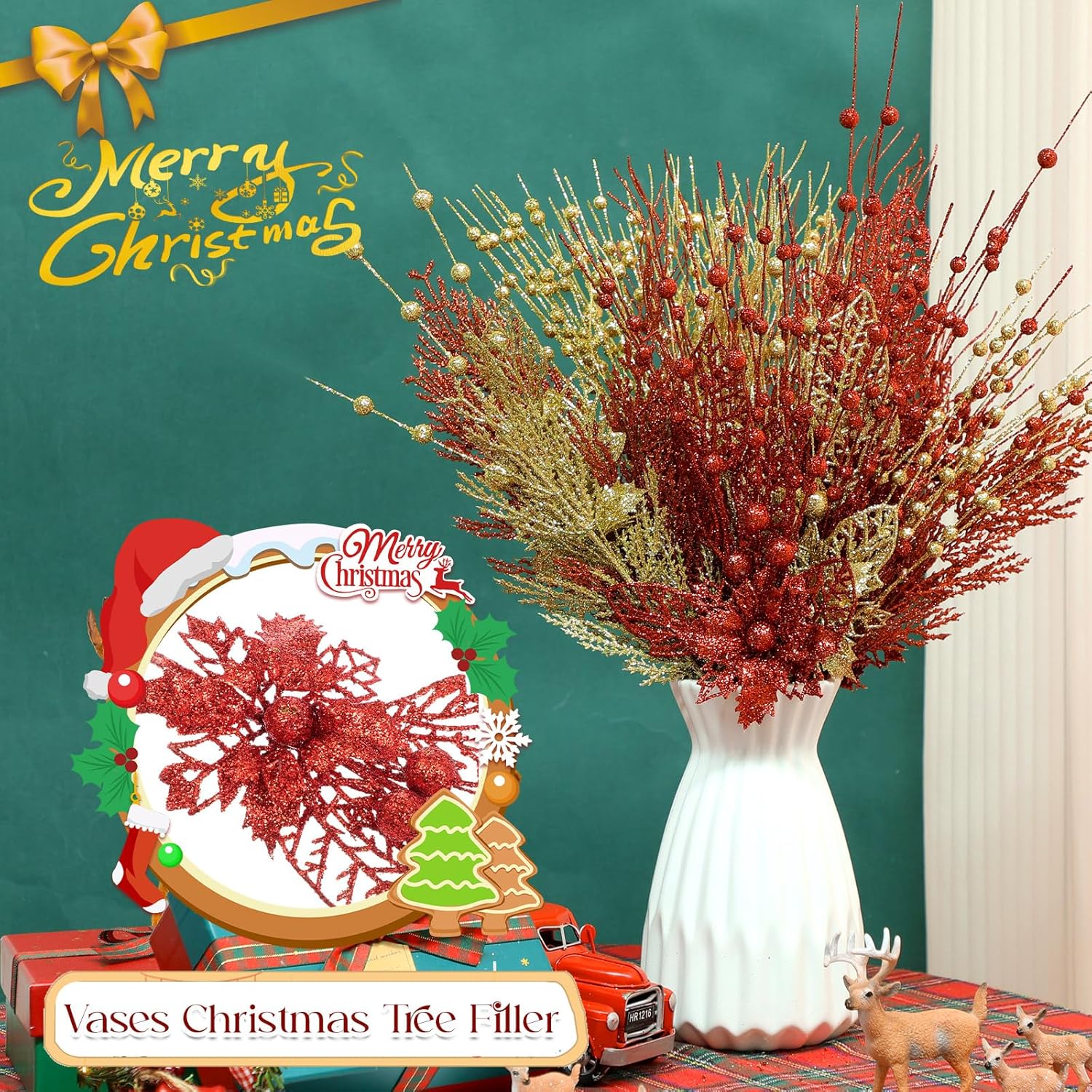 36 Pcs Christmas Glitter Berries Stems 15 Inch Xmas Artificial Pine Needles Floral Picks Sprays Glittery Curly Twigs Branches Ornaments For Xmas Tree Diy Crafts Wreath Vase Filler(Red Gold)