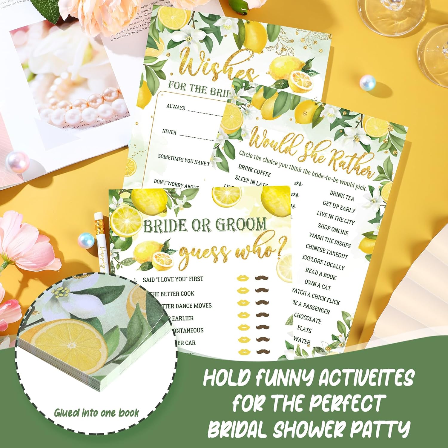220 Pieces Lemon Bridal Shower Game Set - Bridal Shower Game Favors Wedding Cards Eucalyptus And Pencils Activity Accessories For Bride Groom Bachelorette Party Wedding Supplies