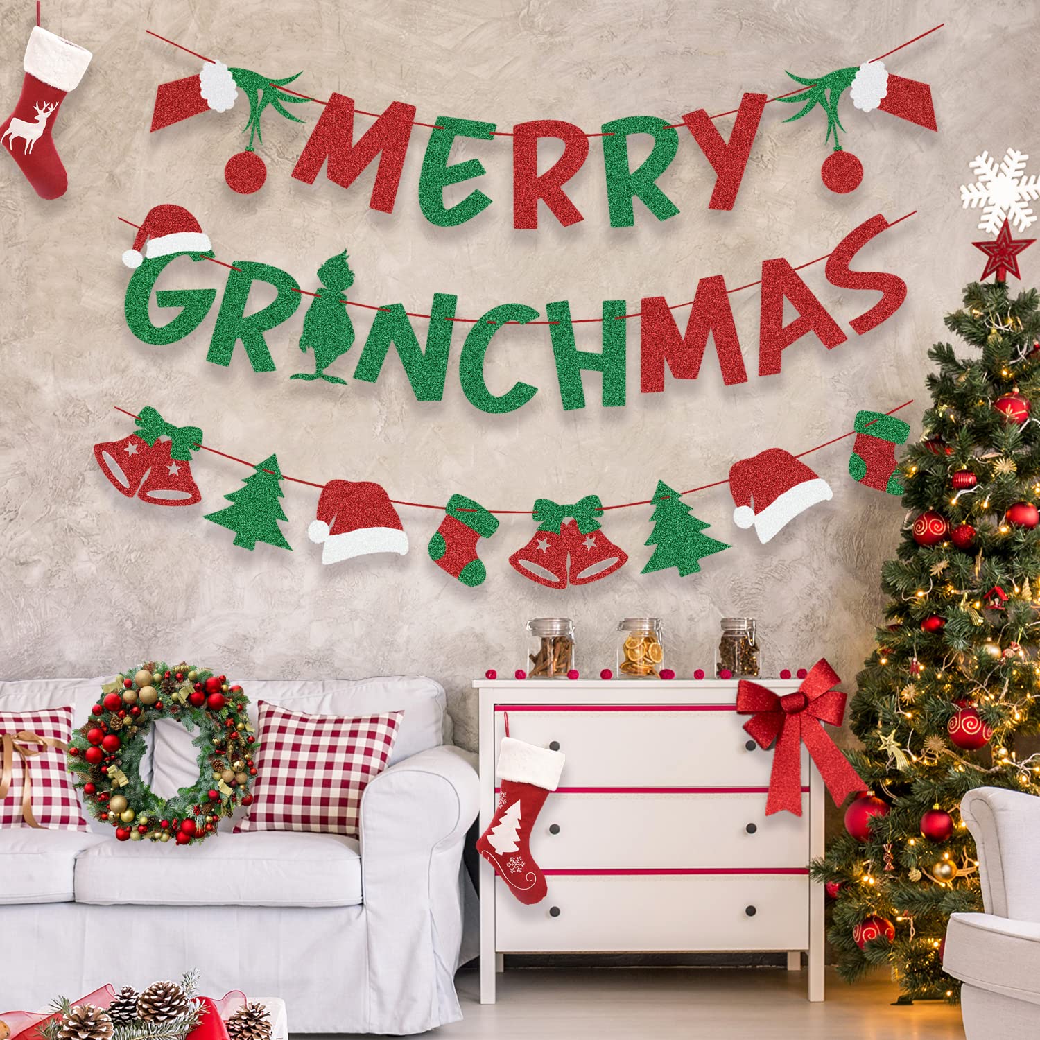 Christmas Decorations – Glittery Merry Grinchmas Banner And Christmas Garland For Grinch Christmas Decoration Grinch Decorations