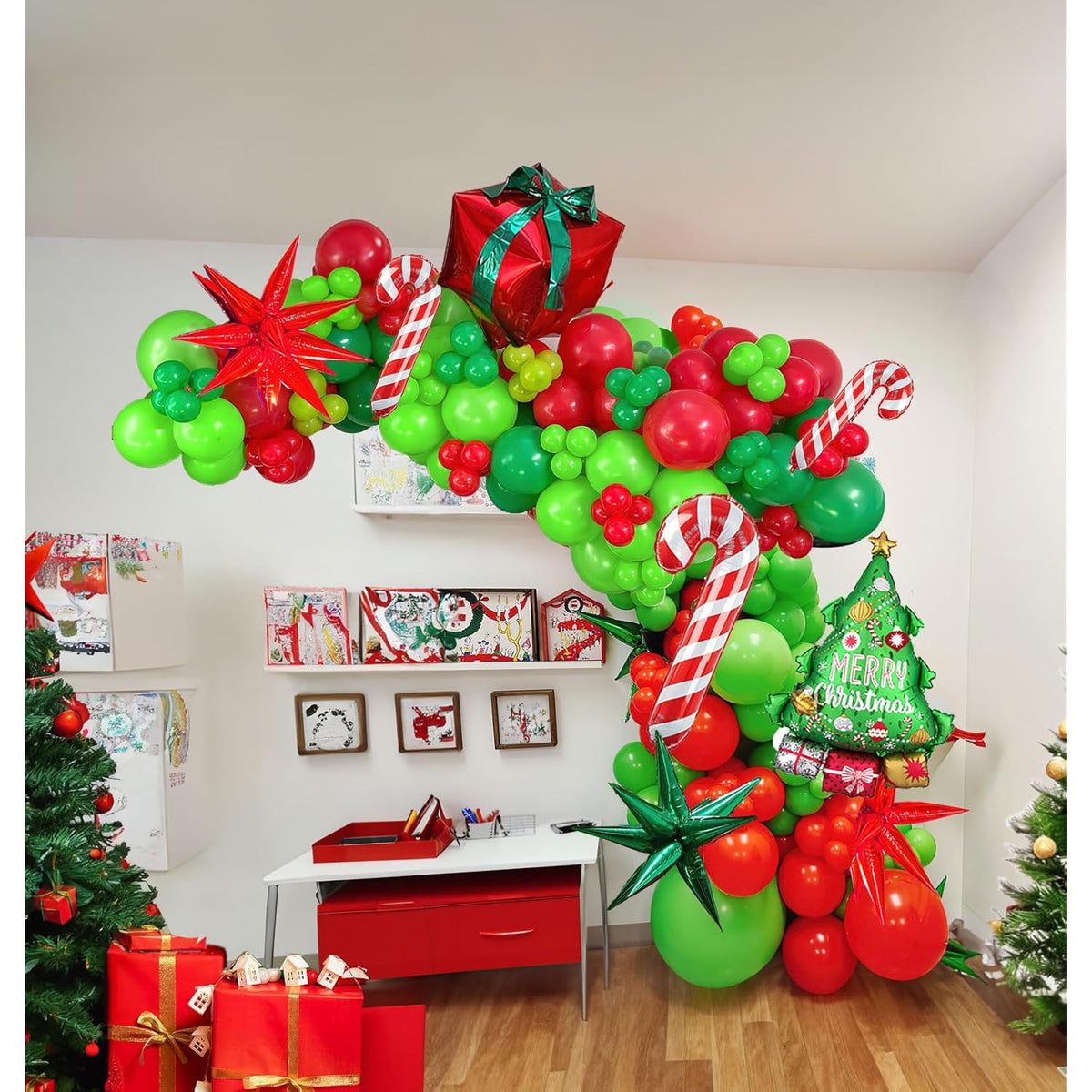 Christmas Balloon Garland Arch Kit130+Pcs Xmas Red Green Balloons With Candy Cane Christmas Tree Gift Box Balloons For Kids Grinchmas Party Naughty Christmas Birthday Decorations