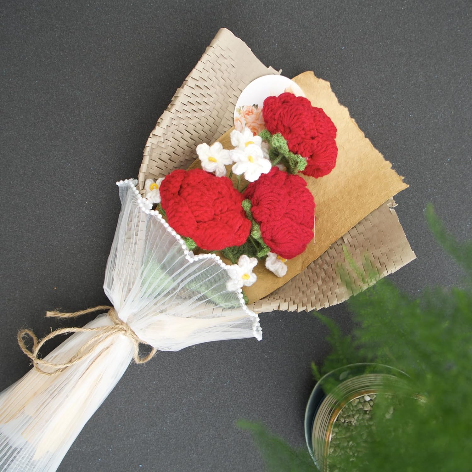 Crochet Flower Bouquet, For Mom, Woman, Valentine, Birthday, Weddings, Graduation (Include Blank Card) (Red Roses) 16.1" X 9.1"