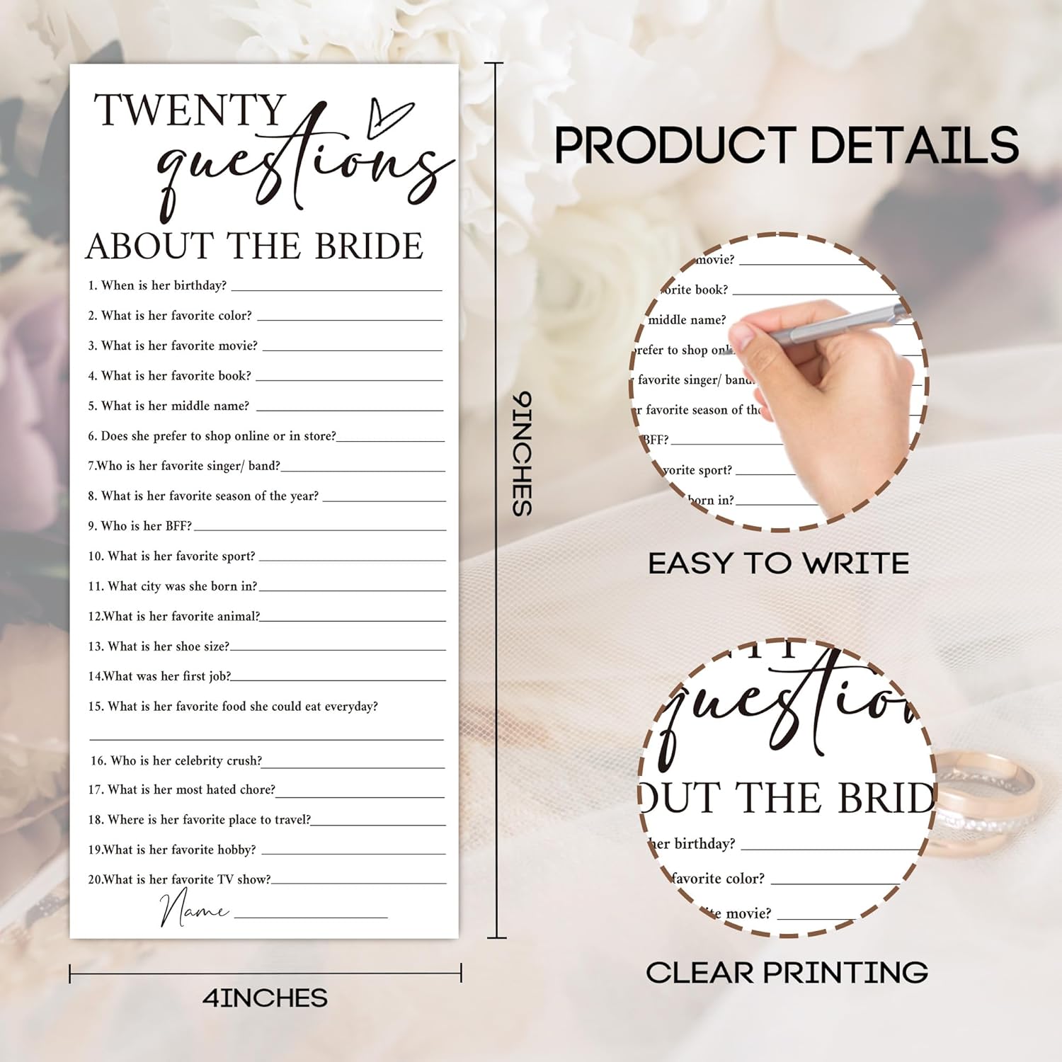 Minimalist White Wedding Shower Games Cards, Twenty Questions, Bridal Shower Games, Engagement Party Wedding Card For 25 Guests, Bridal Party Supplies 4X9Inch-A12