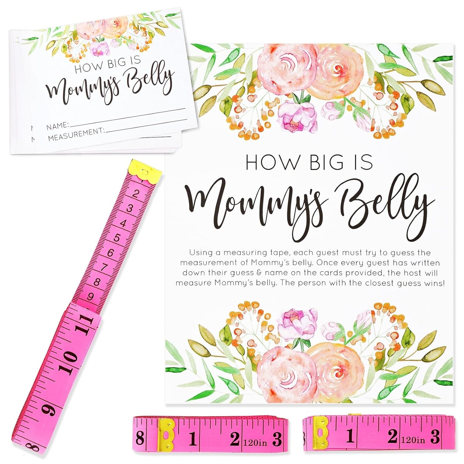 Baby Shower Tape Measure Game - Pink 28-Piece Set - 24 Guess Cards, 3 Measuring Tapes & Sign - How Big Is Mommy'S Belly Activity For Baby Shower Games
