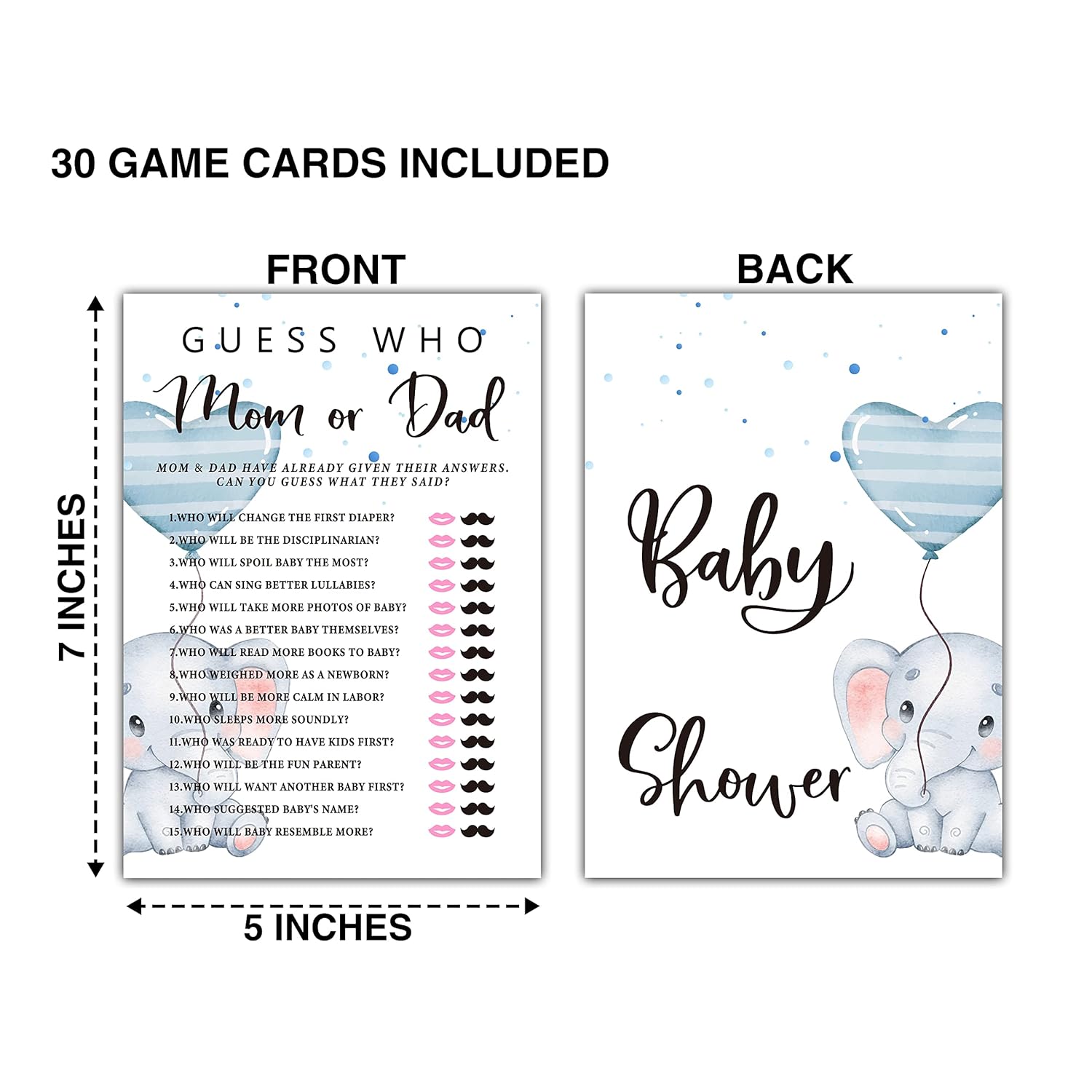 Baby Shower Games & Activity, Guess Who Mom Or Dad Game, Blue Balloon Elephant, Gender Reveal Game Card(5" X 7", 30-Pack)-E08