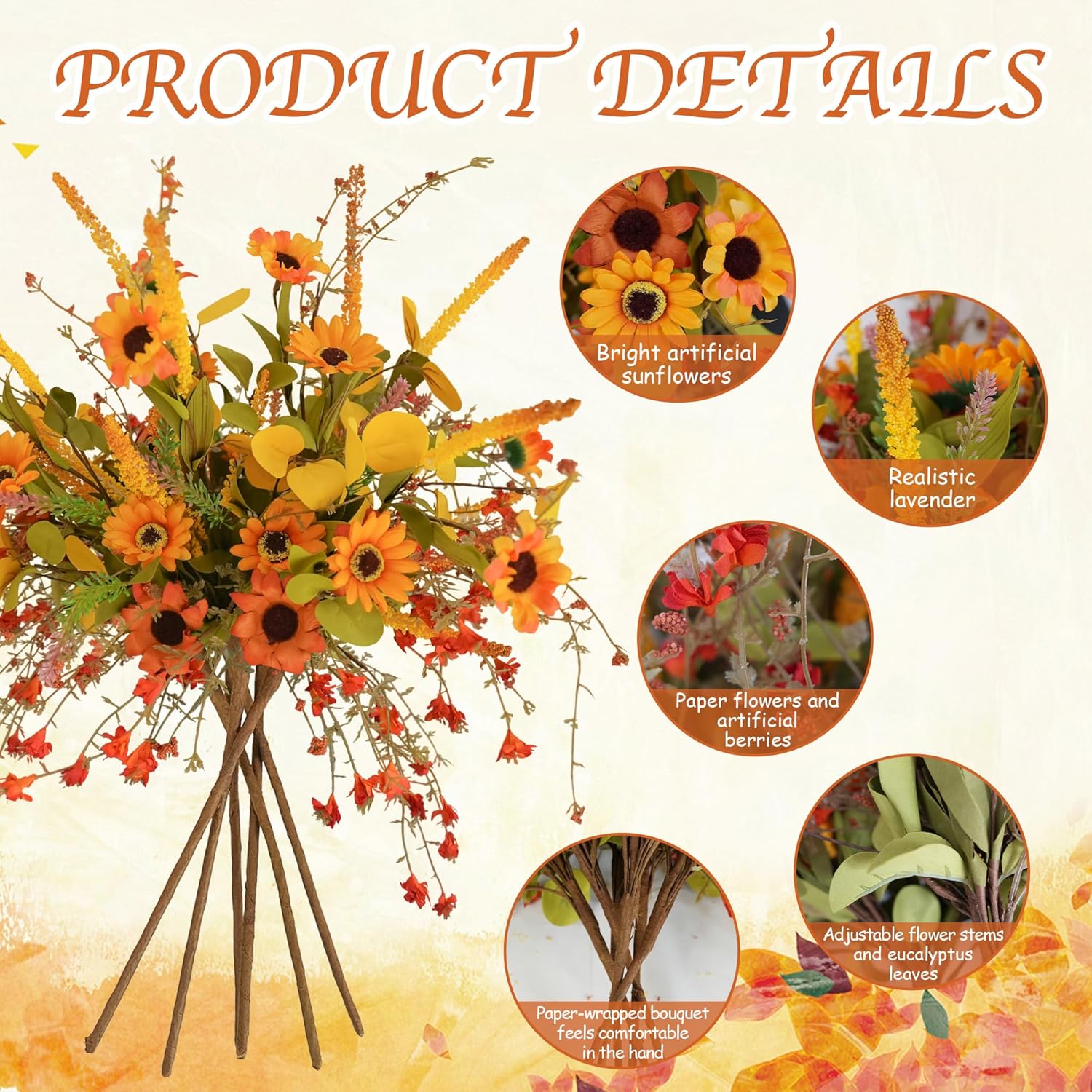 Fall Flowers Artificial For Decoration?6-Pack Fake Wildflowers With Faux Sunflowers Eucalyptus Stems Lavender Fall Floral Arrangement For Vase Tables Indoor Kitchen Wedding Party Decor (Autumn)