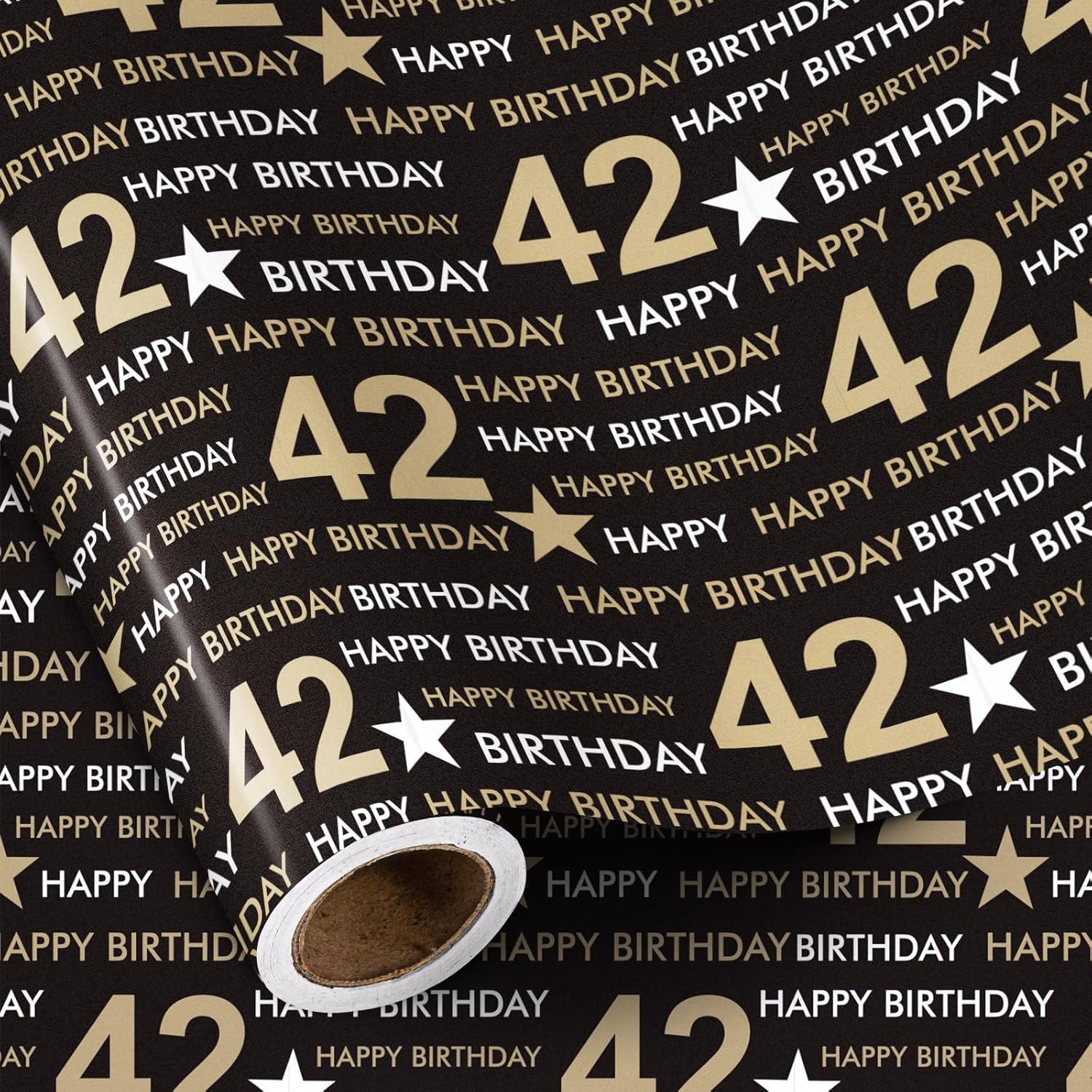 42Nd Birthday Wrapping Paper Roll, Min Roll, Black Gold Design With Stars And Happy Birthday Gift Wrap Paper For Age 42 Men, Women, 42Nd Birthday Party Celebrations, 17 Inches X 16.4 Feet