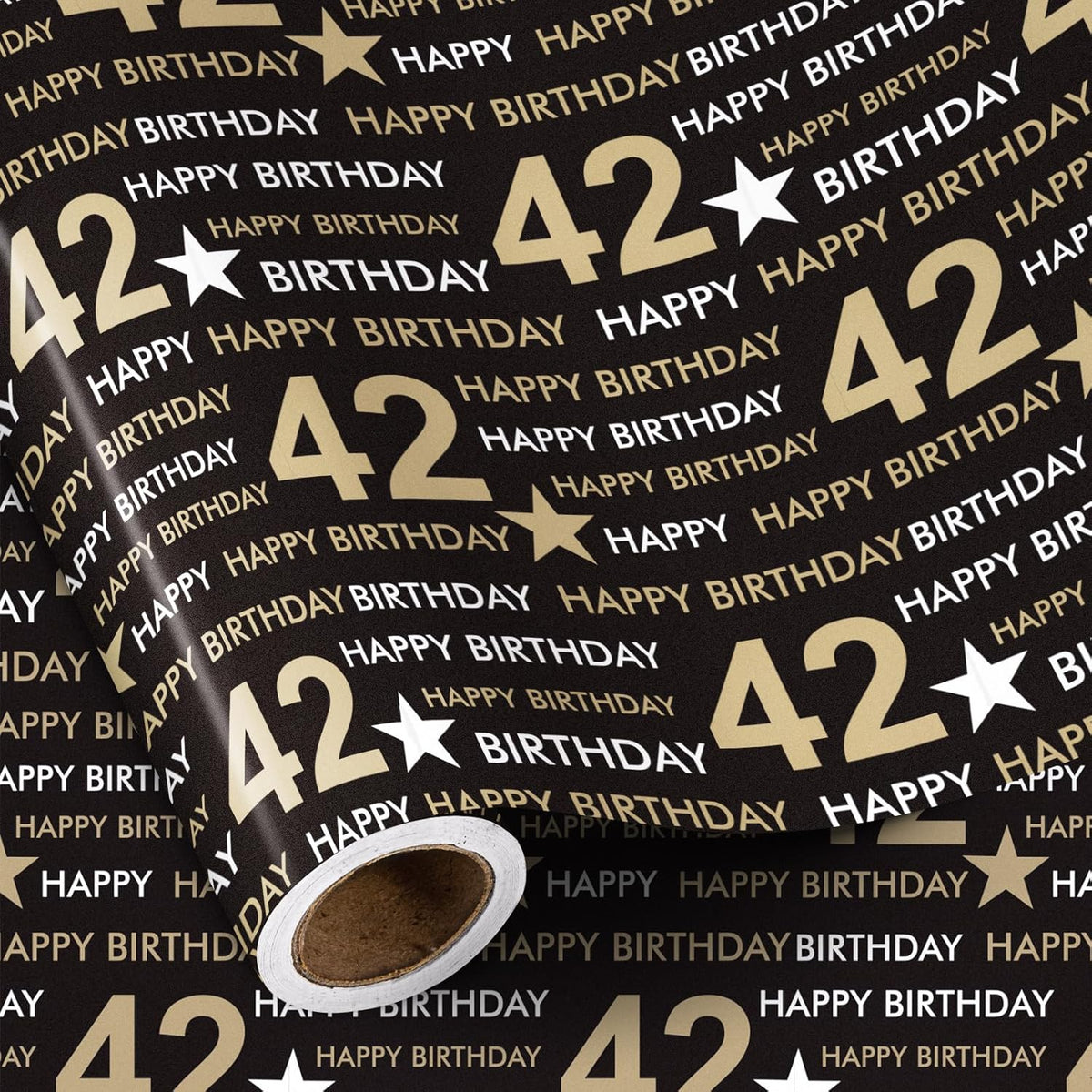 42Nd Birthday Wrapping Paper Roll, Min Roll, Black Gold Design With Stars And Happy Birthday Gift Wrap Paper For Age 42 Men, Women, 42Nd Birthday Party Celebrations, 17 Inches X 16.4 Feet