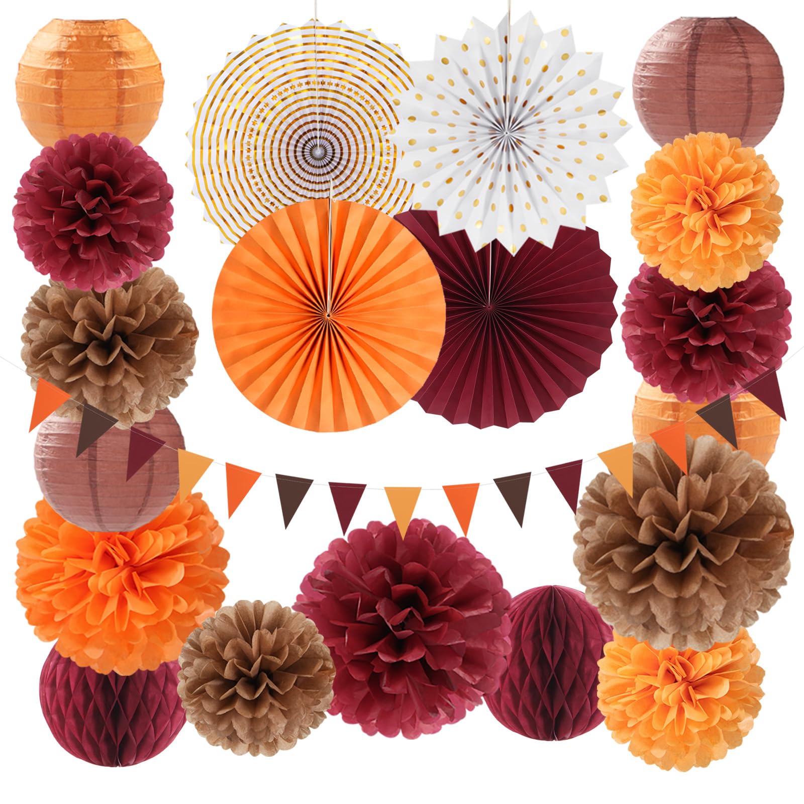 Burgundy Brown-Orange Baby-Shower Boho Party-Decorations - 20pcs Fall Autumn Paper Lanterns Fans,Tissue Pom Poms,Honeycomb Balls,Wedding Birthday Bridal Harvest Thanksgiving Festival Decor