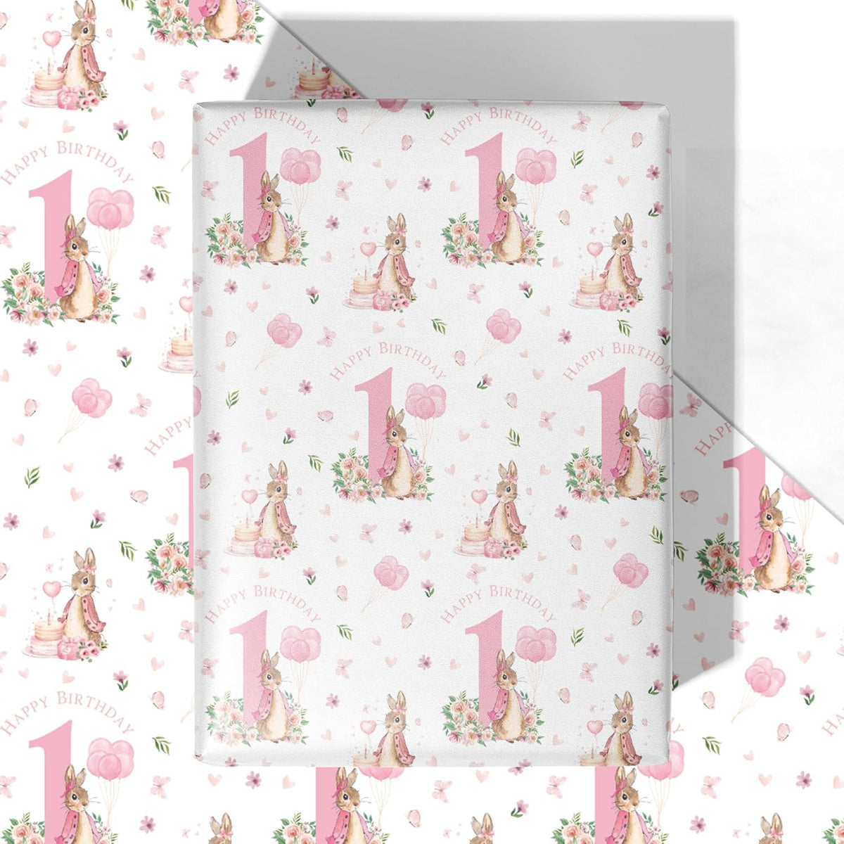 Girls 1St Birthday Wrapping Paper - 4 Jumbo Sheets, 28 * 40 Inches - Pink Bunny Floral Happy Birthday Gift Wrap, Perfect For First Birthday'S Party Or Baby Shower
