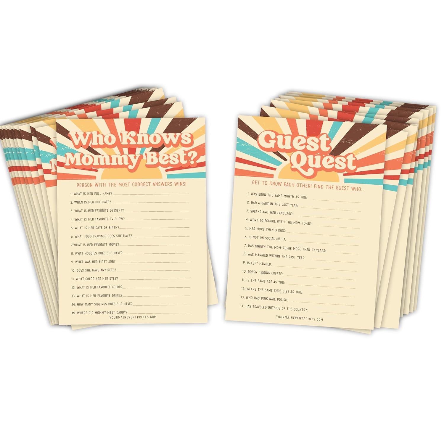 Baby Shower Games And Activites, Here Comes The Son Baby Shower Games, 50 Pack Printed Front And Back (Guest Quest, Who Knows Mommy Best)