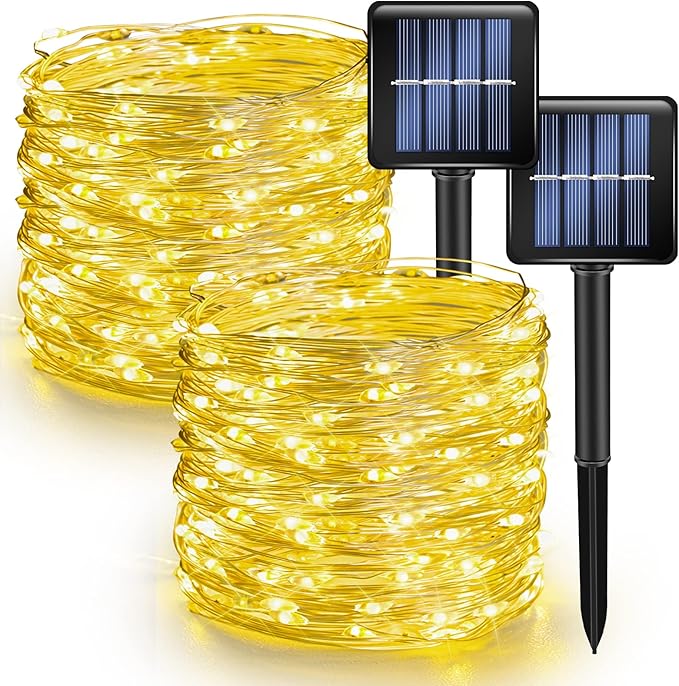 2 Pack Solar String Lights Outdoor 80FT 240 LED Warm White Waterproof Fairy Lights 8 Modes Silver Wire Solar Powered for Garden Patio Wedding Christmas Decor