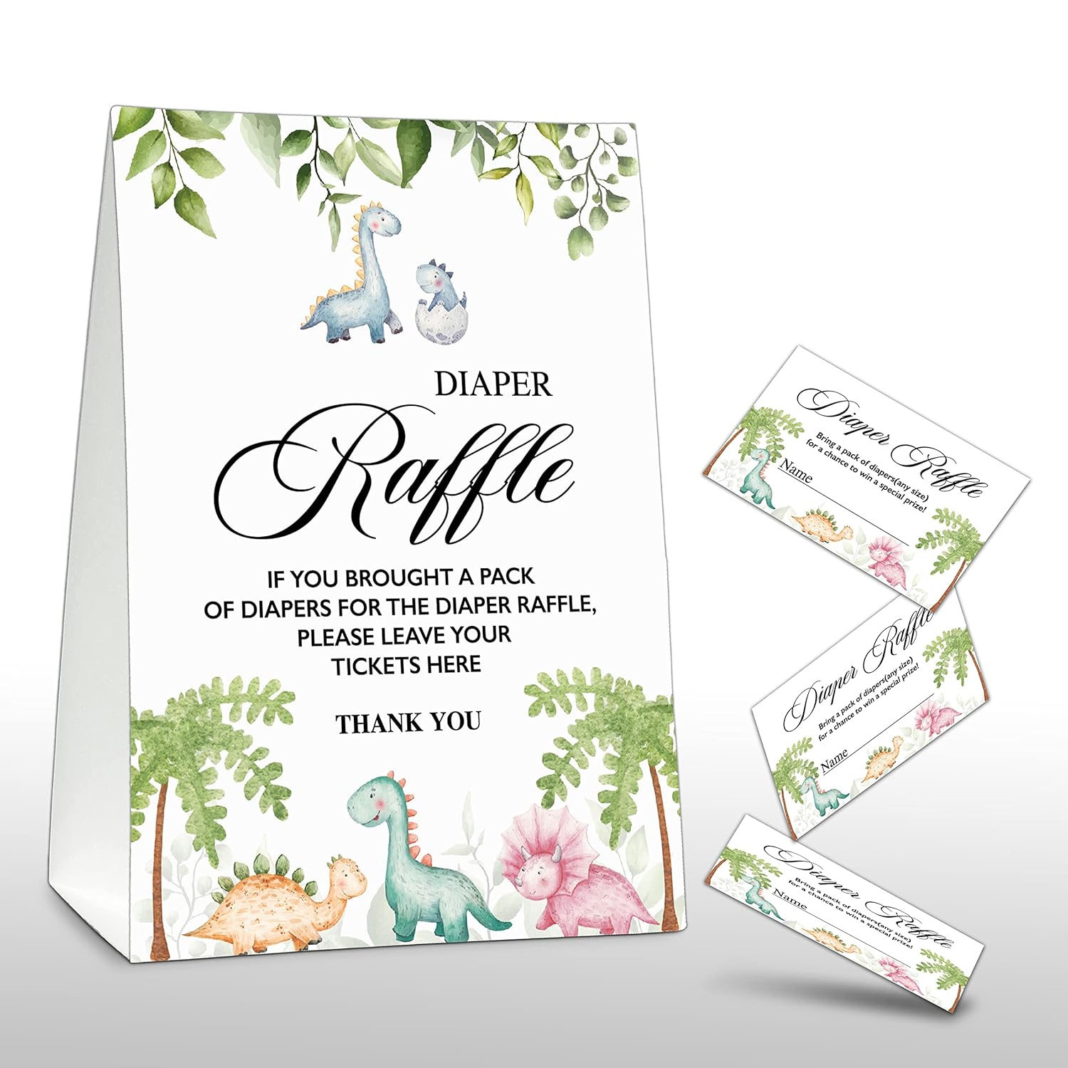 Diaper Raffle Party Games, Dinosaur Baby Shower Game, Greenery Themed Baby Gender Reveal Party Supplies & Activities -1 Double Sided Standing Sign + 50 Guessing Cards (A06)