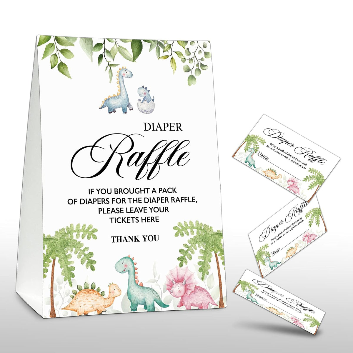 Diaper Raffle Party Games, Dinosaur Baby Shower Game, Greenery Themed Baby Gender Reveal Party Supplies & Activities -1 Double Sided Standing Sign + 50 Guessing Cards (A06)