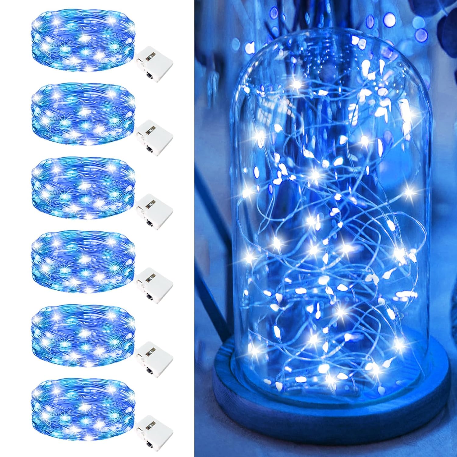 6 Pack Fairy Lights Battery Operated - 7Ft 20 Led Twinkle Lights 3 Modes, Bulk Mini String Lights Waterproof For Mason Jars Vases Diy Party Wedding Decoration Christmas -Blue And White