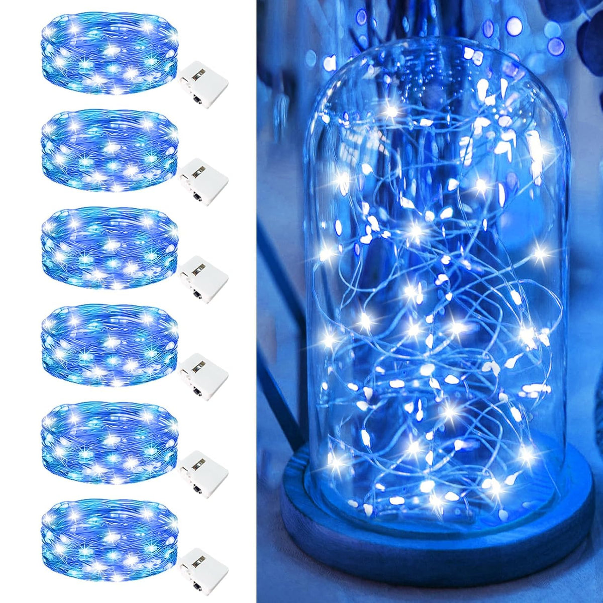 6 Pack Fairy Lights Battery Operated - 7Ft 20 Led Twinkle Lights 3 Modes, Bulk Mini String Lights Waterproof For Mason Jars Vases Diy Party Wedding Decoration Christmas -Blue And White
