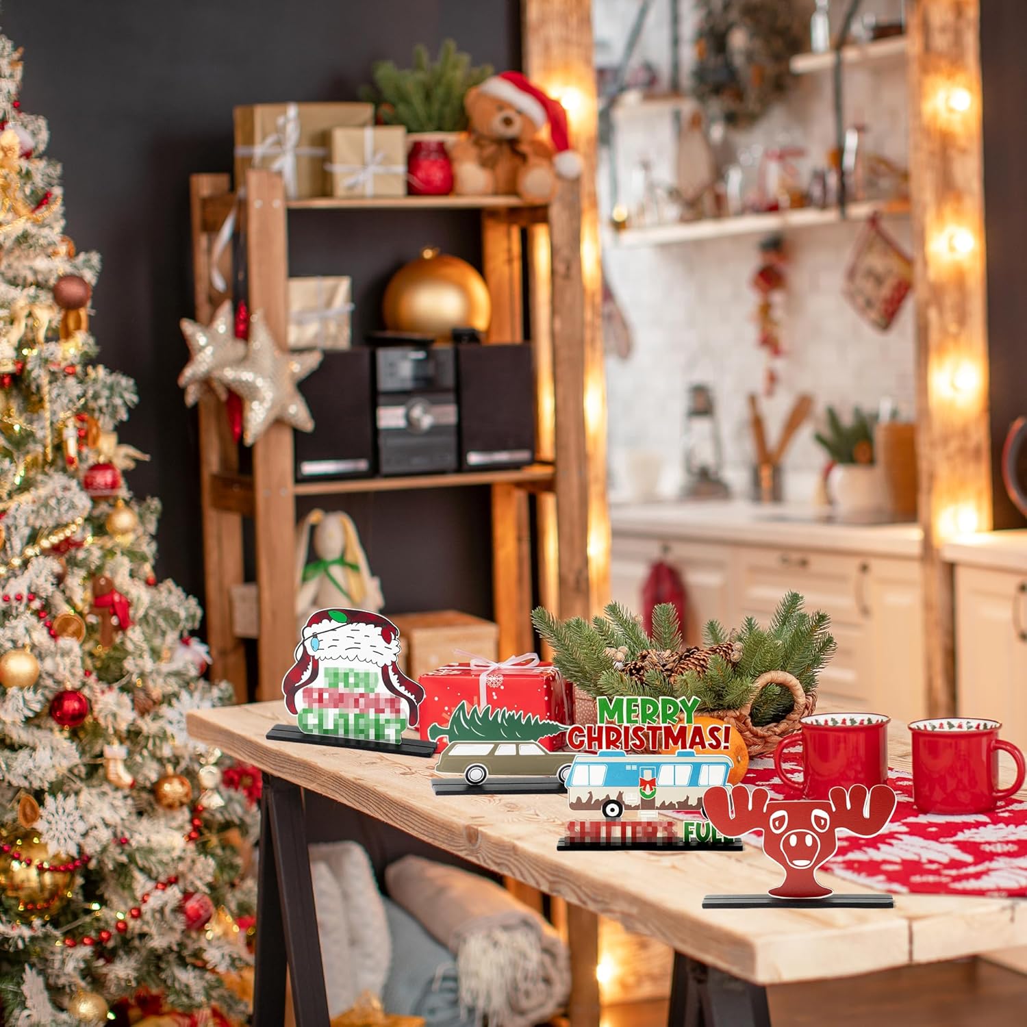 Christmas Wooden Table Centerpieces Decoration - 4Pcs Christmas Vacation Wood Desktop Removable Decor Sign Merry Christmas Gnome Ornaments For Christmas Winter Theme Party Decor Table Tier Tray