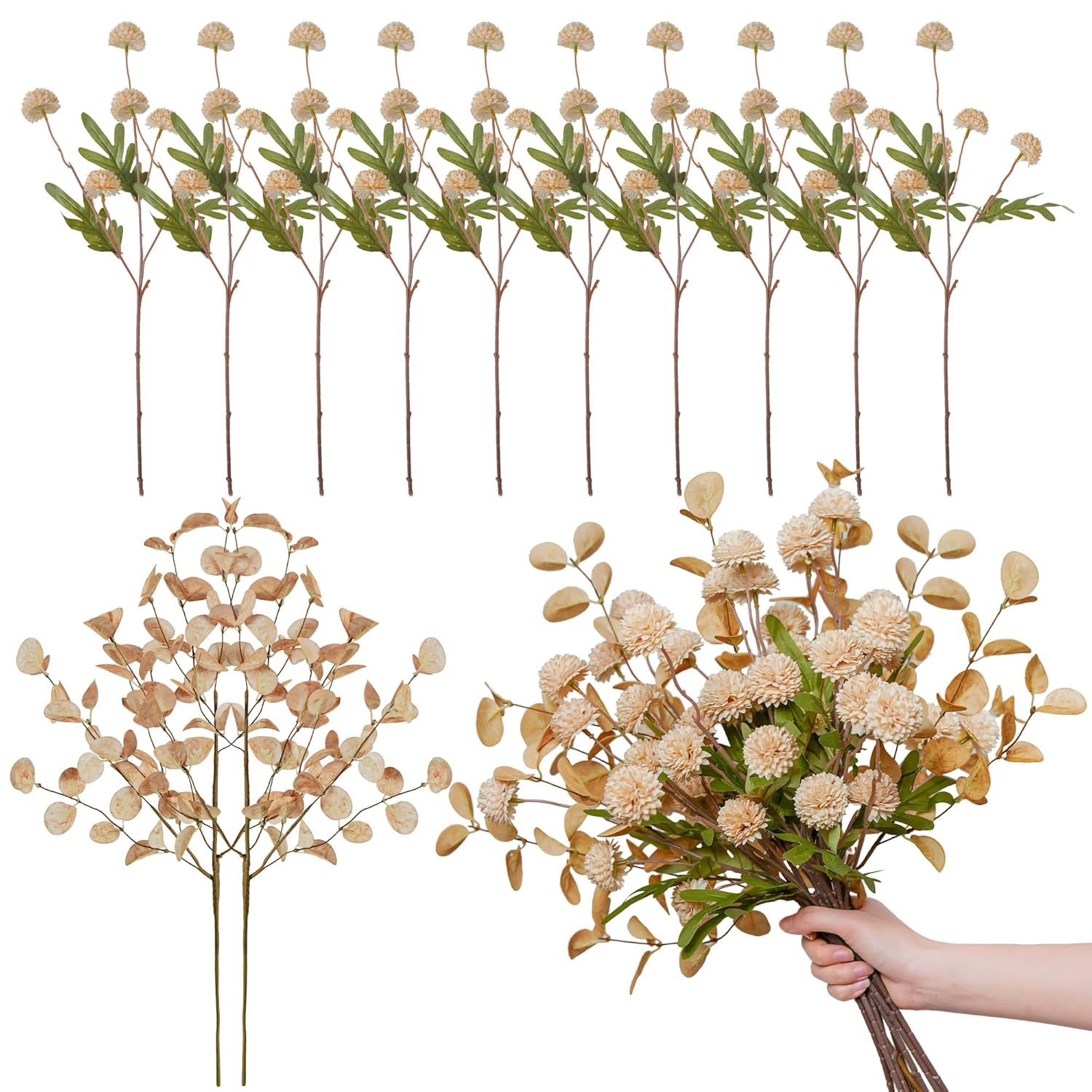 Flowers Artificial For Decoration,12Pc Silk Fake Mums + Eucalyptus Stems Adjustable Artificial Flowers Indoor Faux Dried Flowers For Vase Fillers Floral Arrangements Flower Centerpieces For Tables.