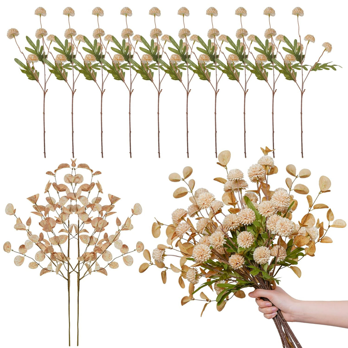 Flowers Artificial For Decoration,12Pc Silk Fake Mums + Eucalyptus Stems Adjustable Artificial Flowers Indoor Faux Dried Flowers For Vase Fillers Floral Arrangements Flower Centerpieces For Tables.
