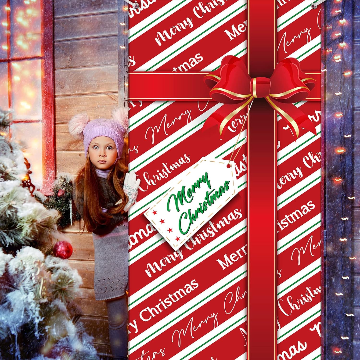 2 Pcs Christmas Decorations Santa Door Cover Xmas Backdrop Banner With Santa Climbing The Window And Gift Pattern Eve Decor For Party House Photo Booth Props