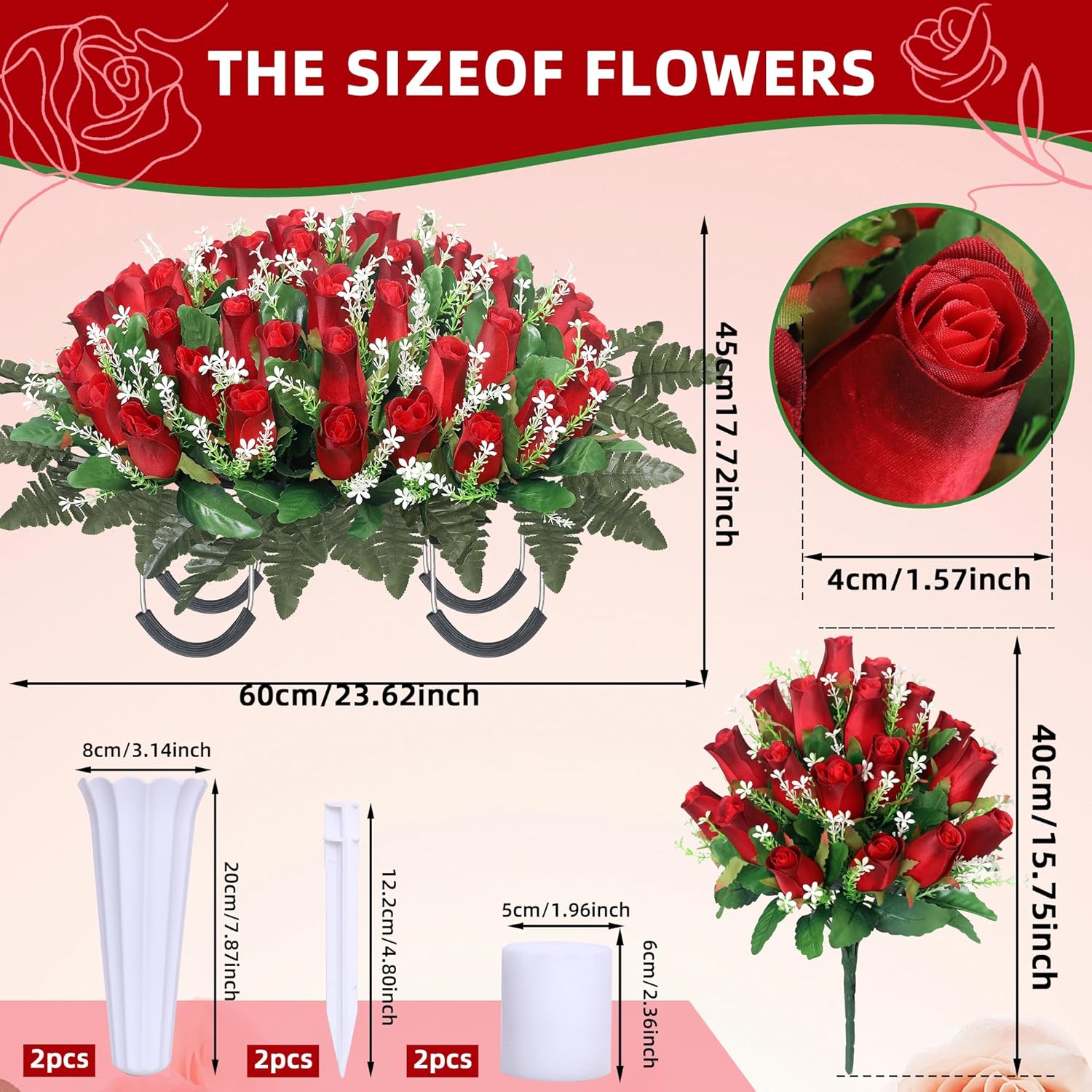 3 Sets Artificial Cemetery Flowers For Grave,Headstone Flower Saddle With 2 Memorial Rose Bouquets With Vases For Grave Tombstone Decorations (Red)