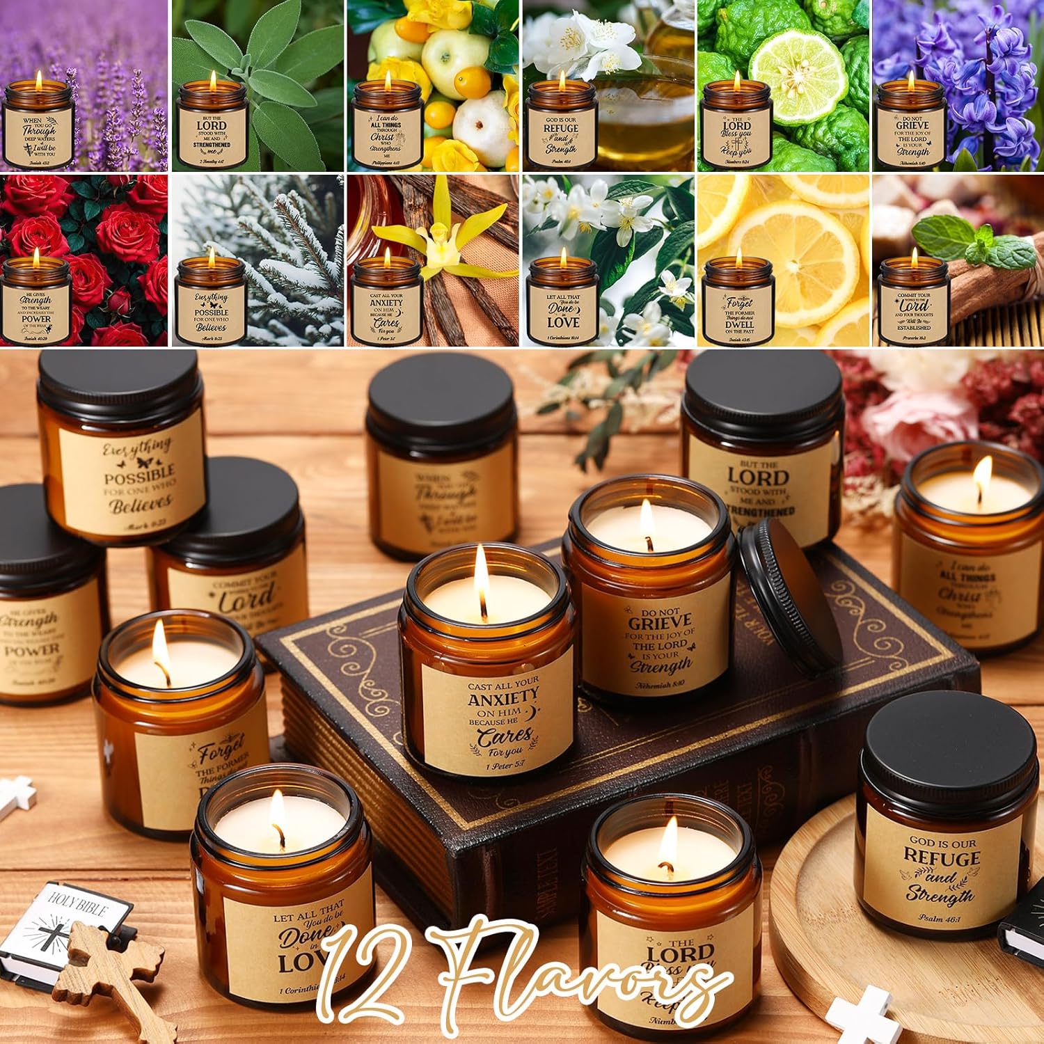12 Pcs Christian Scented Candles Bulk 3.5 Oz Inspirational Christmas Gifts Bible Verse Candle For Women Coworkers Birthday Wedding Sunday School Church Appreciation Gifts(Brown)