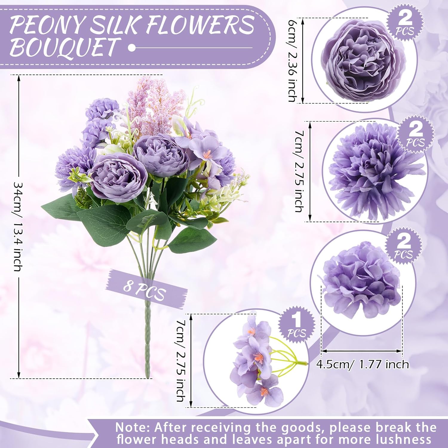 8 Pcs Artificial Flowers Bouquet Fake Silk Flowers Faux Bouquet Hydrangea Bouquets For Valentine'S Day Wedding Birthday Party Table Centerpieces Home Office Decoration(Purple,Peony)