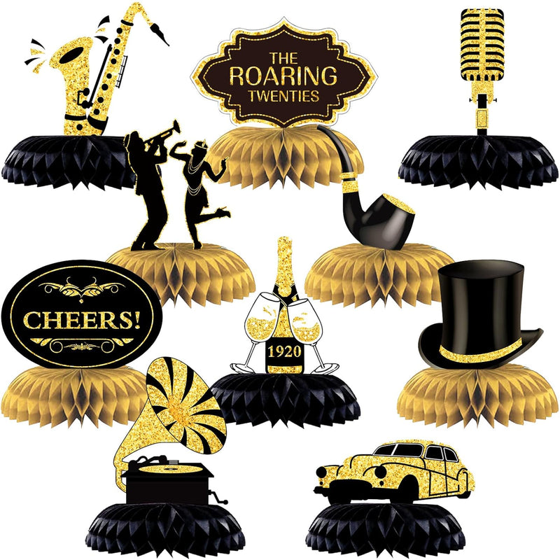 10 Pieces Roaring 1920'S Party Honeycomb Centerpiece Decorations Black