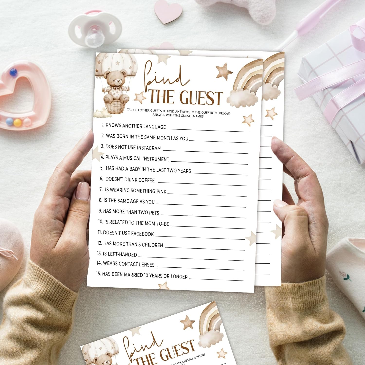 Find The Guest Games, 5X7 Inch Funny Baby Shower Games Cards, 25 Gender Neutral Cards, Cute Brown Bear Print, Gender Reveal Party Favor & Supplies, Baby Shower Decoration-B11