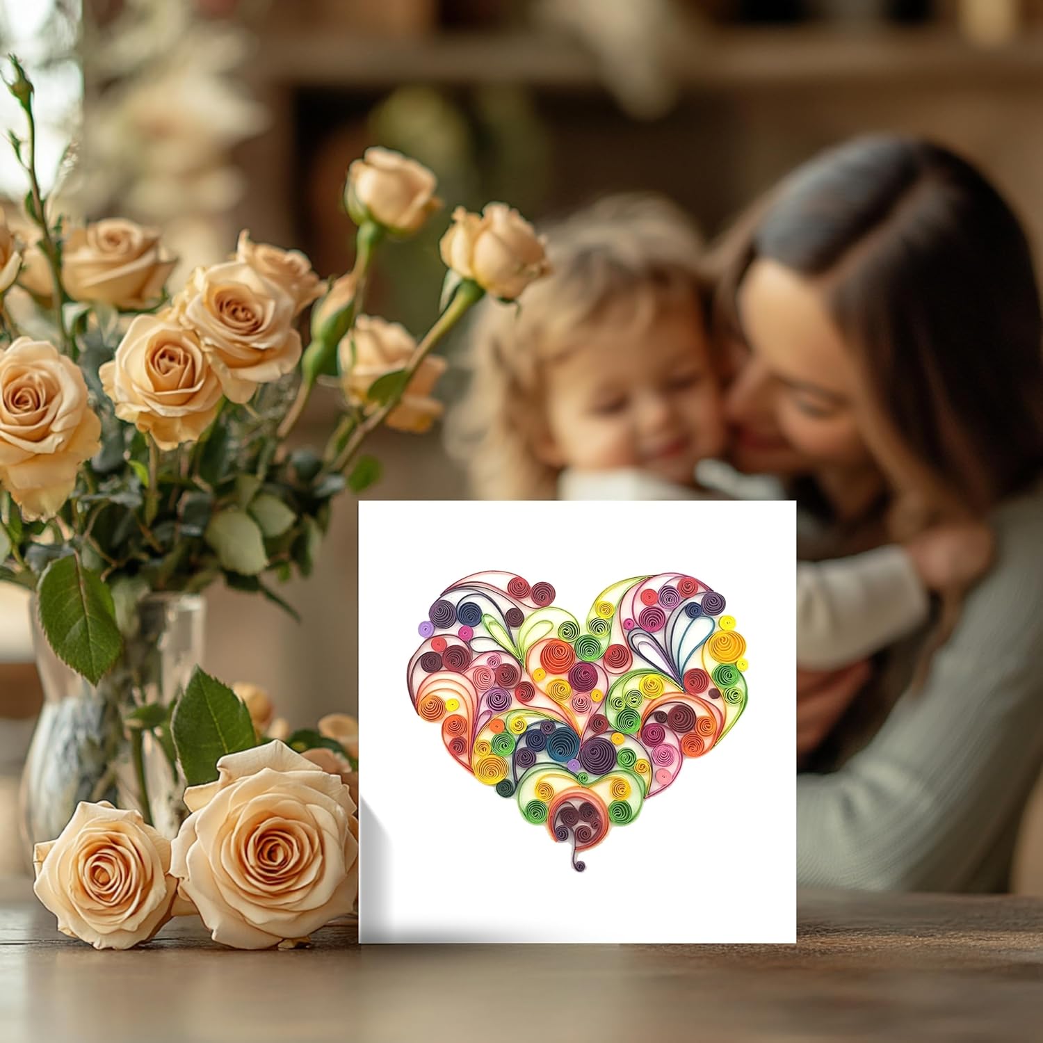 Quilling Card 3D Color Unique Dedicated Paper Handmade Art - Design Greeting Card For Christmas Birthday Anniversary Mother Thank You - Design Gift For Friend Love Mom With Envelop (Rose) (Rose Heart)
