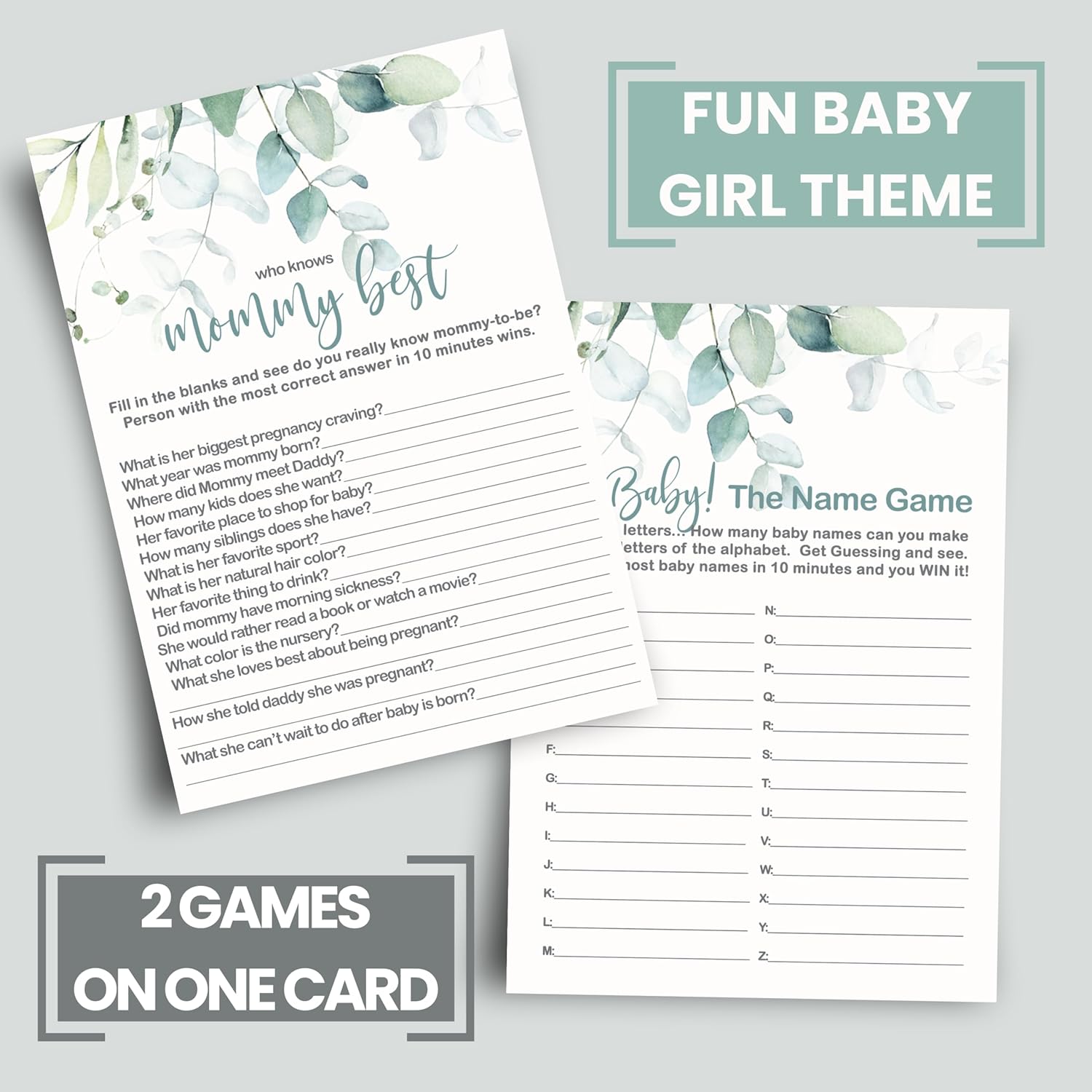 Greenery Baby Shower Games - 25 Each - Baby Name Race & Who Knows Mommy Best - Fun Baby Shower Game Pack - Tropical Favors & Decor Ideas - Two-Sided Designs