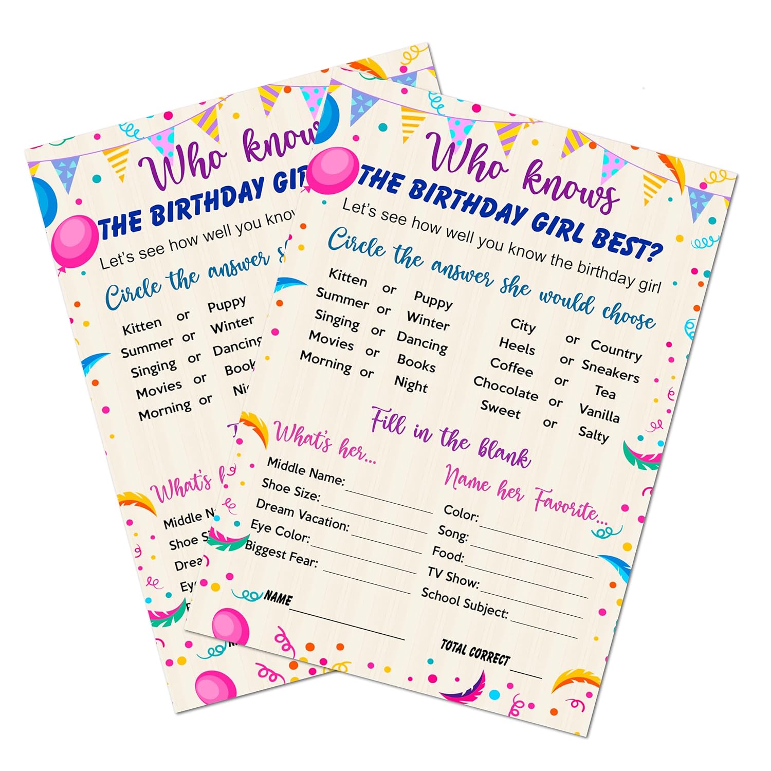 Who Knows The Birthday Girl Best Game, Themed Birthday Party Ideas, Fun Game For Sleepover, Play Pack Of 30 Cards 5”X7”. Made In Usa