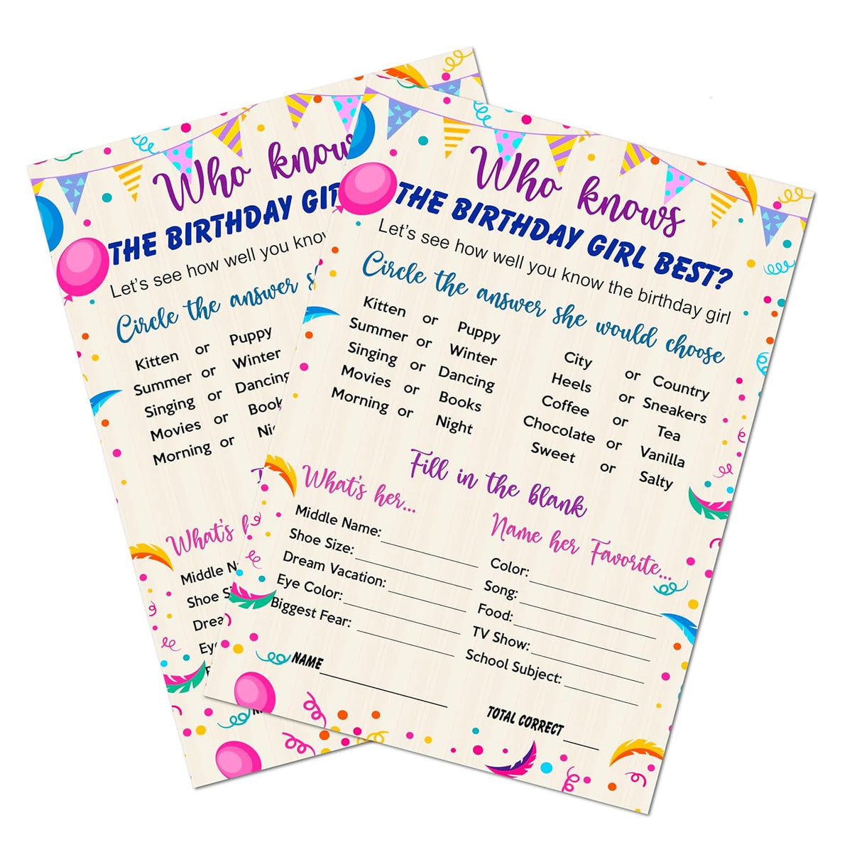 Who Knows The Birthday Girl Best Game, Themed Birthday Party Ideas, Fun Game For Sleepover, Play Pack Of 30 Cards 5”X7”. Made In Usa