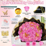 Pink Glitter Roses Bouquet, 24 Pcs Shiny Glitter Flowers Bouquet, Everlasting Diy Artificial Roses Bouquet For Christmas, Birthday, Anniversary, Wedding, Engagement