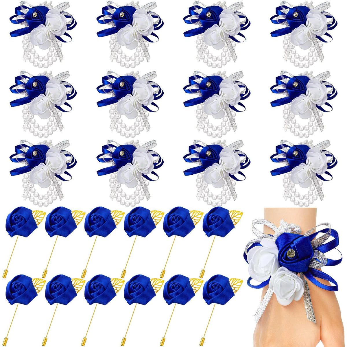 24 Pcs Wrist Corsage And Men'S Boutonniere Set For Wedding Wristlet Corsage Hand Flower For Mother Of Bride, Bridal, Bridesmaid Suit Decorations (Royal Blue)