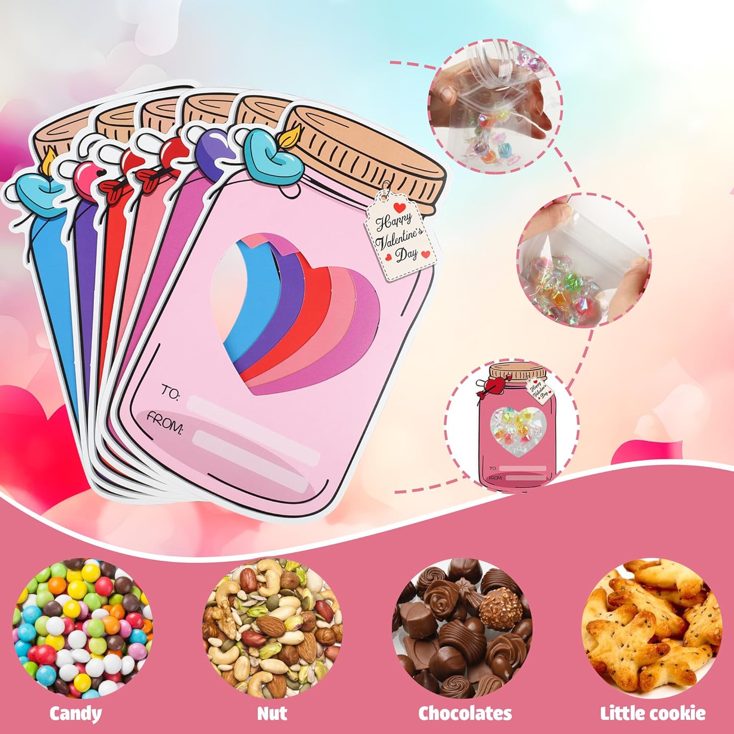 60 Pack Valentines Cards Mason Candy Jar For Kids Happy Valentines Day Card Bulk Funny Valentine Gifts Exchange Cards For School Classroom Exchange Party Favors (Candy Not Included)