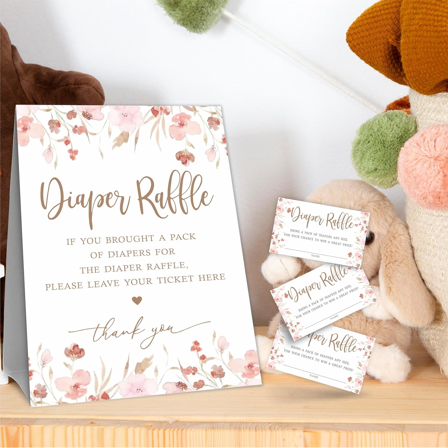 B10 Diaper Raffle Game Kit - Wildflowers Theme - 1 Sign & 50 Tickets, Decoration For Girl'S Baby Shower, Gender Reveal, Baby Announcement, Party Favor & Decorations