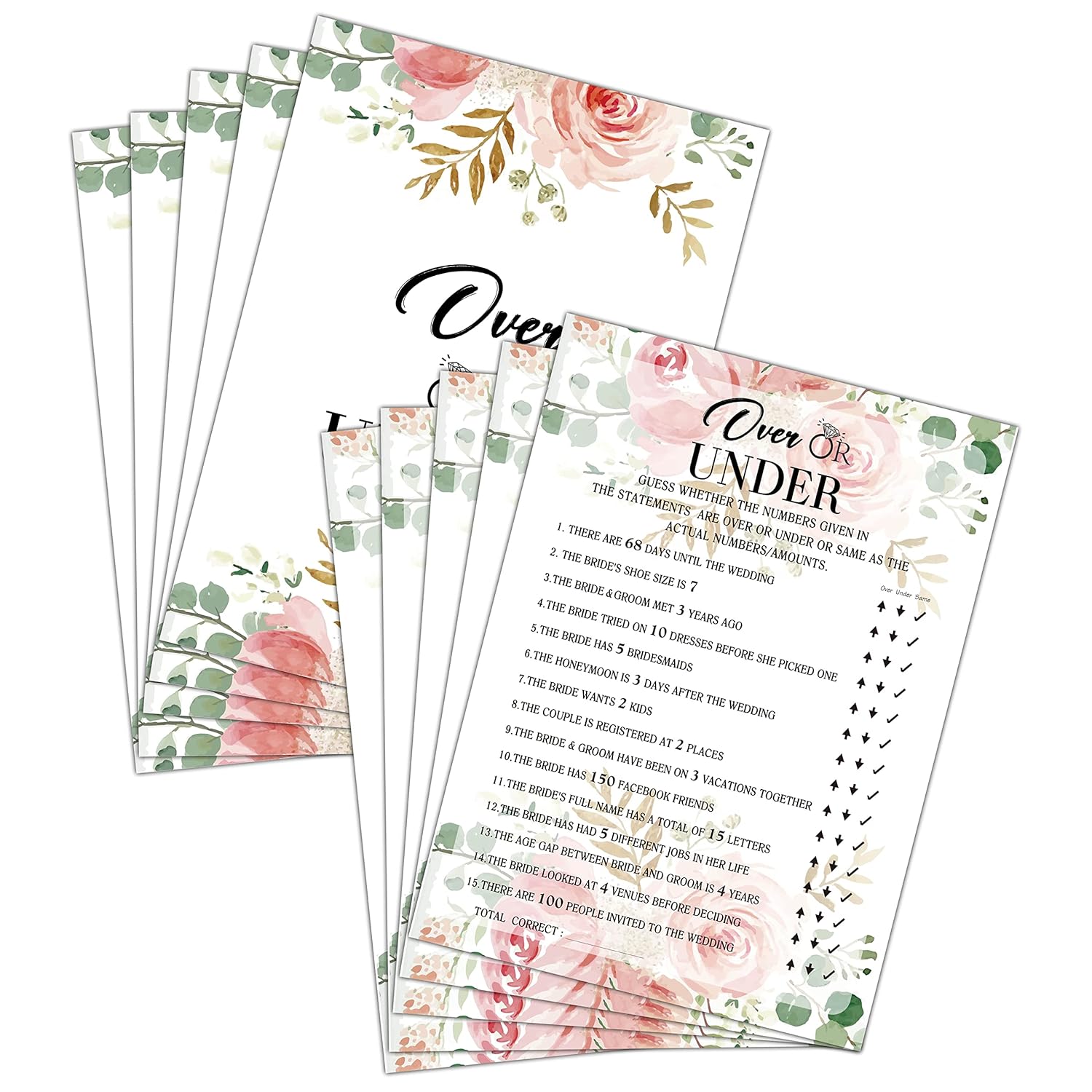 Bridal Shower Game Set - Over Or Under Party Cards For Wedding - Floral Wedding Shower Party Favor Decor - Blush Pink Engagement/Bachelorette Party Games Supplies & Activities - 30 Game Cards(C04)