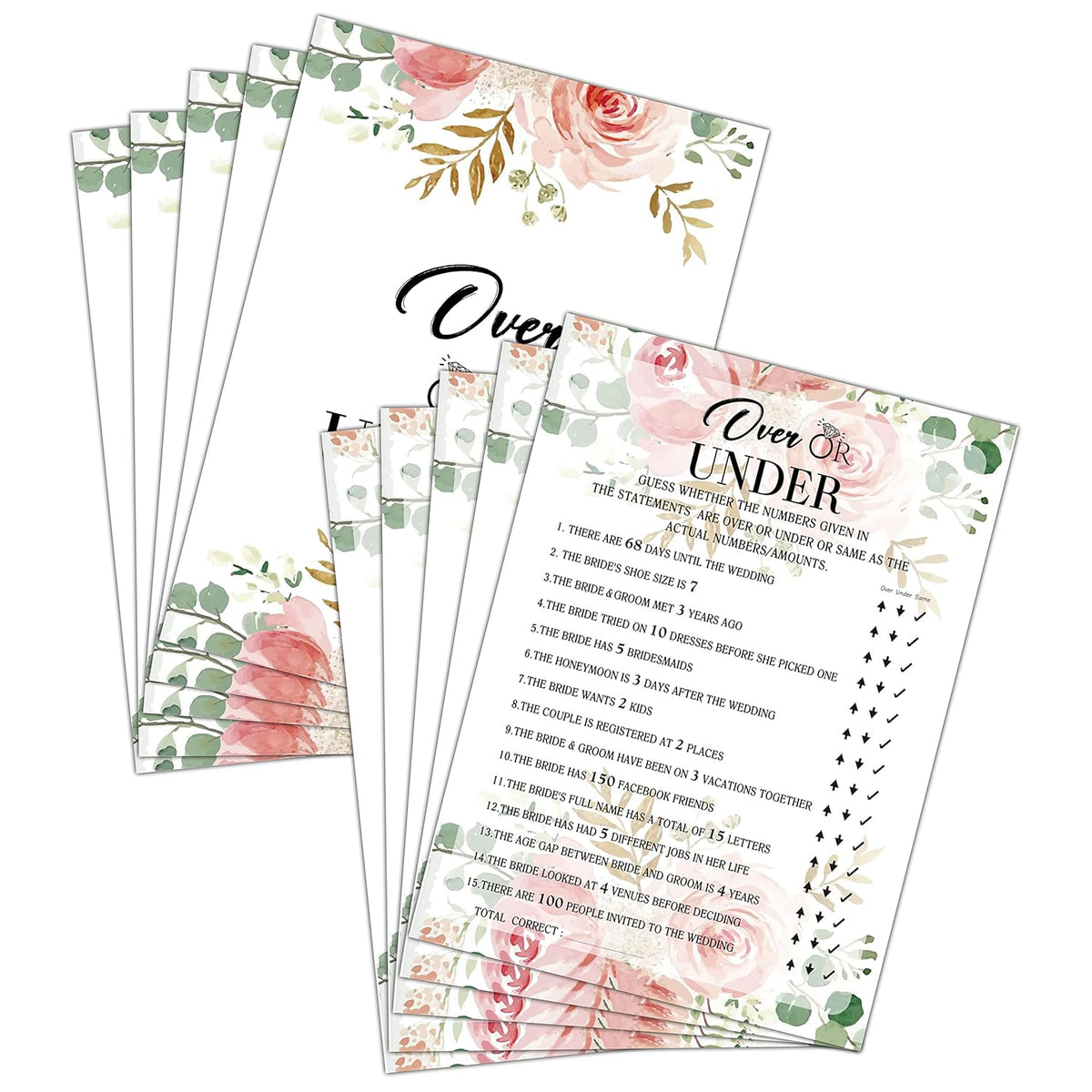 Bridal Shower Game Set - Over Or Under Party Cards For Wedding - Floral Wedding Shower Party Favor Decor - Blush Pink Engagement/Bachelorette Party Games Supplies & Activities - 30 Game Cards(C04)