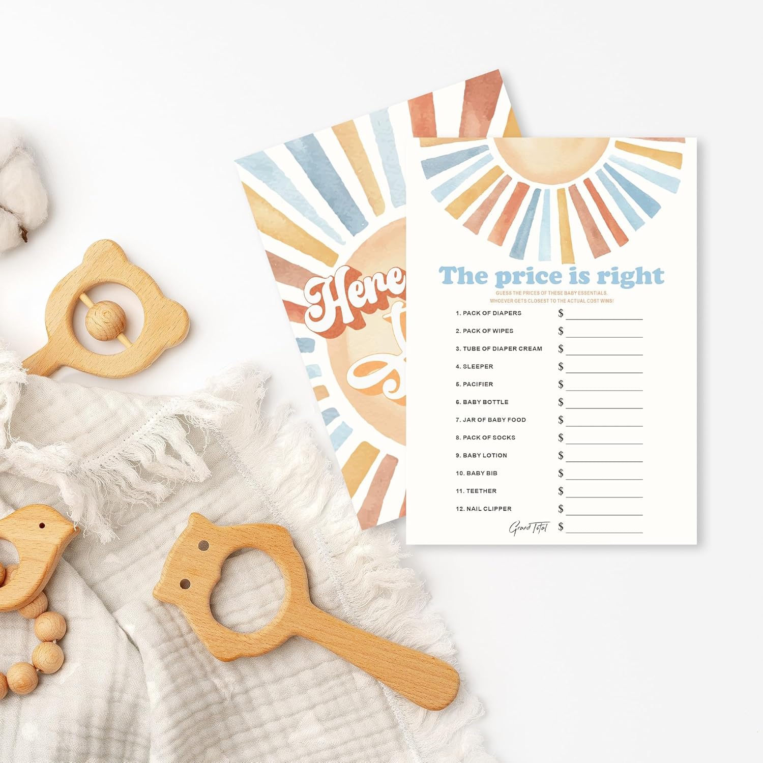 Sunshine Fill In Baby Shower Game Cards - Here Comes The Son - The Price Is Right Game For Boys - Baby Announcement Gender Reveal Baby Shower Party Activities For New Parents To Be - A04
