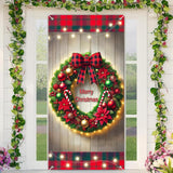 Plaid Christmas Door Banner 71X35 Inch Large Outdoor Holiday Decoration With Red Green Ornament Wreath Print And Buffalo Check Bow – Merry Christmas Backdrop For Porch Entryway Party