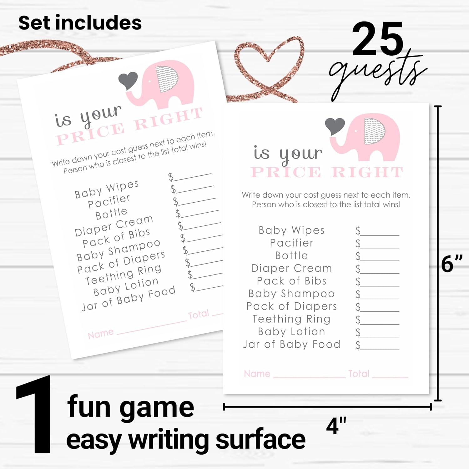 Pink Elephant Guess The Price Baby Shower Games - 25 Cards - Modern Princess Themed Baby Shower Game Ideas - Jungle Animal 4X6 Printed Set
